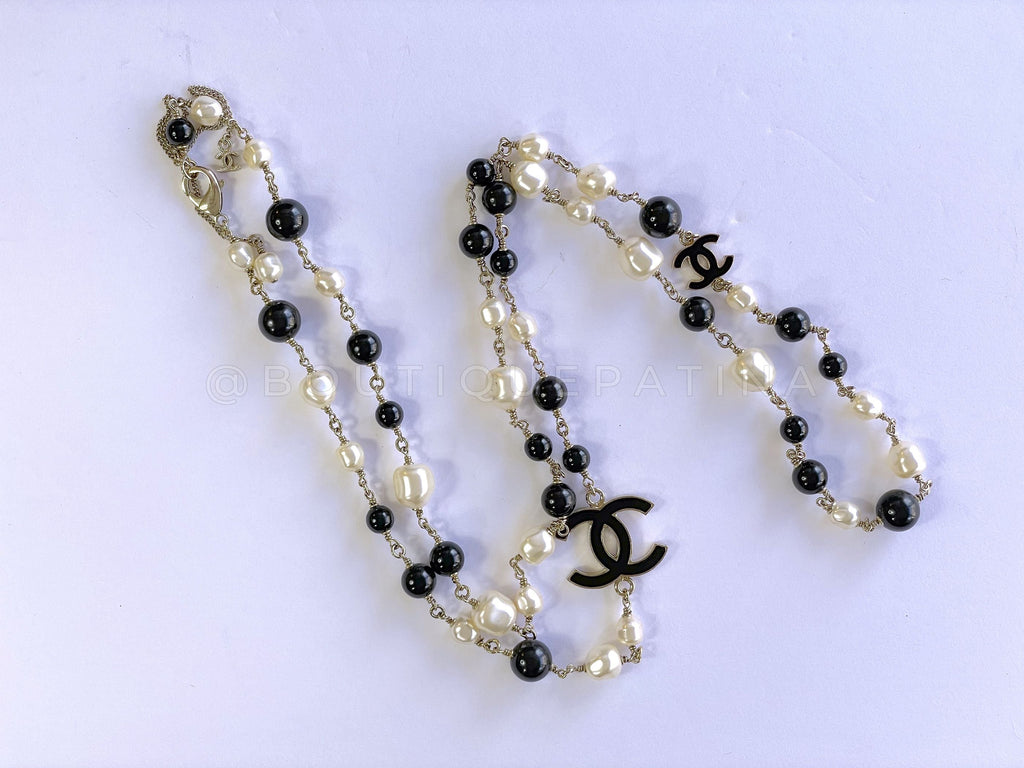 Chanel 14B Gold Black Enamel and Pearl Long Station Necklace