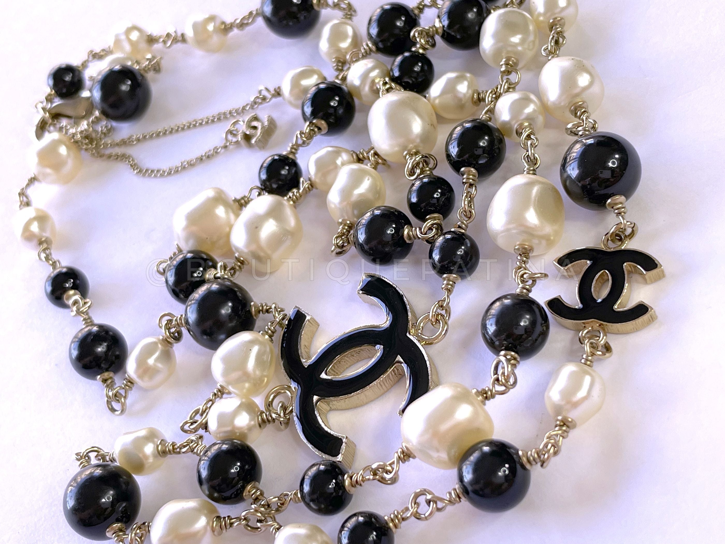 Chanel 14B Gold Black Enamel and Pearl Long Station Necklace
