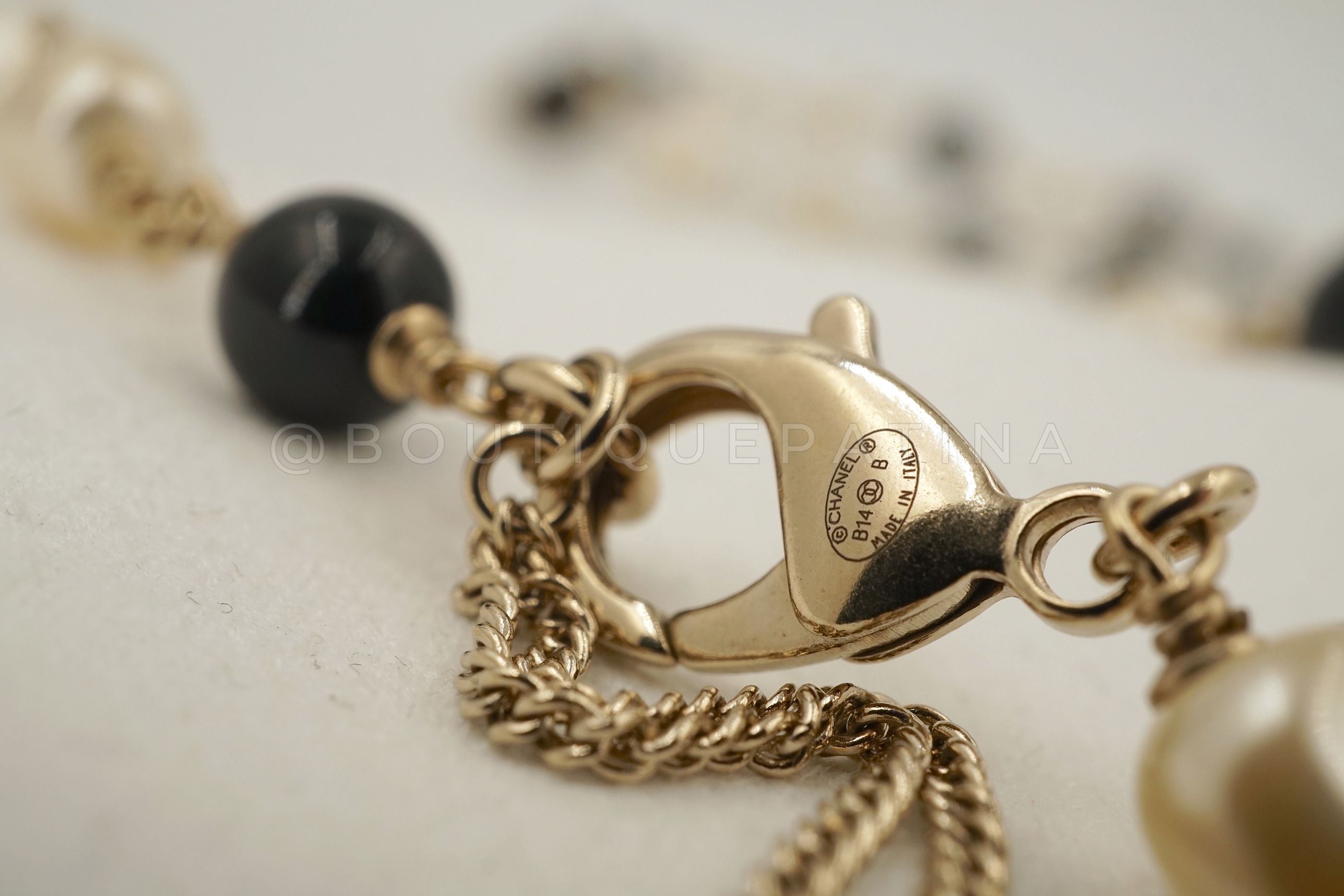 Chanel 14B Gold Black Enamel and Pearl Long Station Necklace