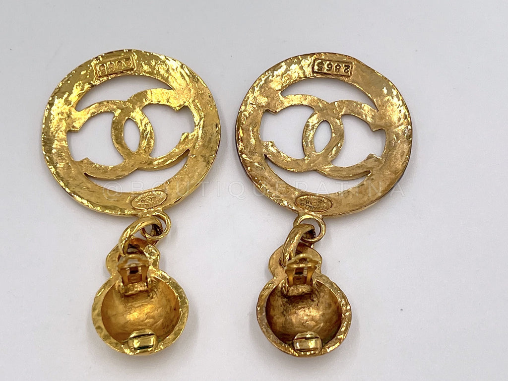 Chanel Vintage Collection 28 Logo Hoop Drop Earrings Hammered Gold Plated