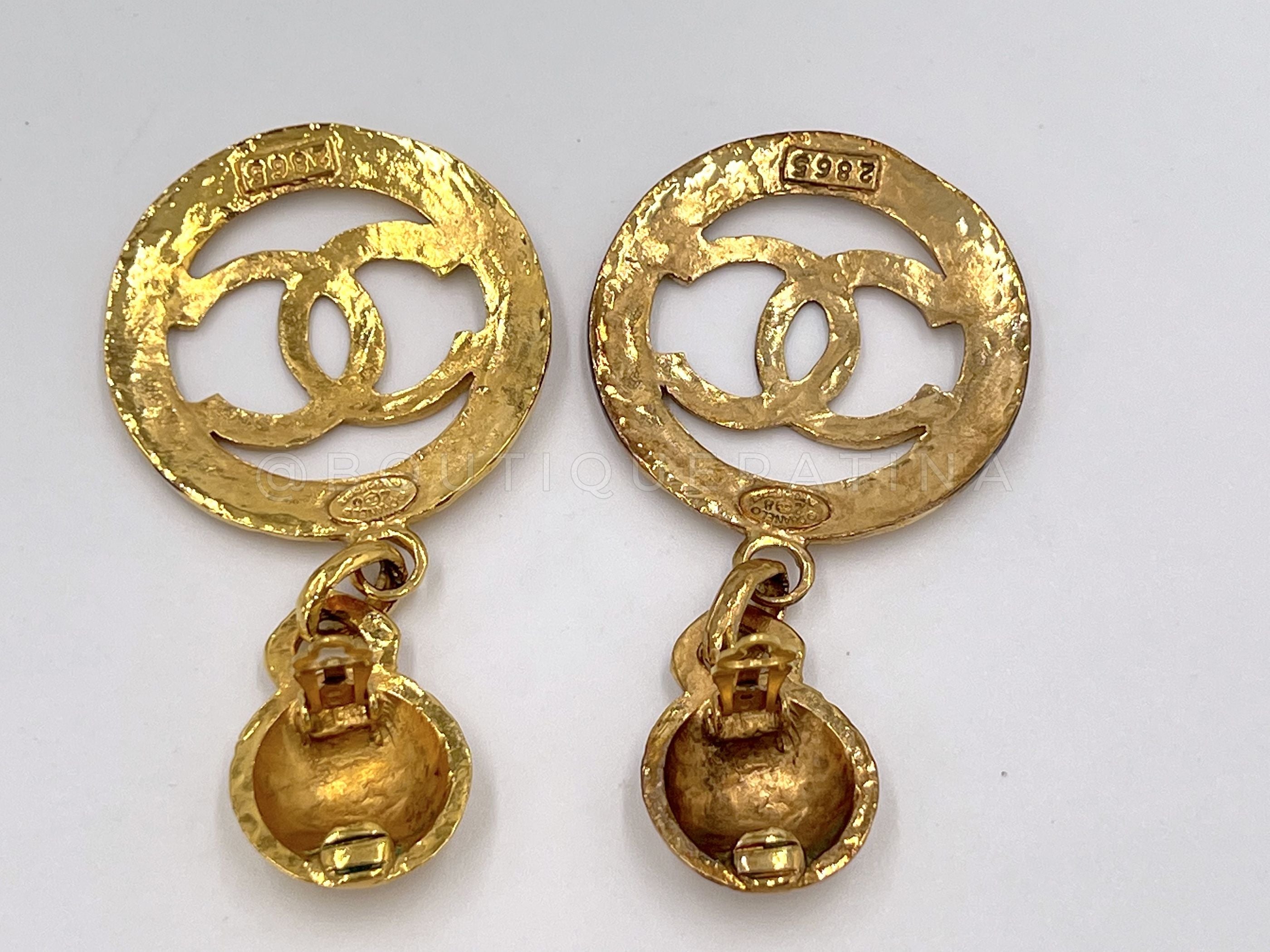 Chanel Vintage Collection 28 Logo Hoop Drop Earrings Hammered Gold Plated