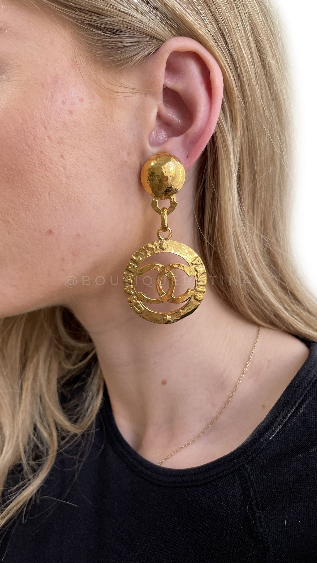 Chanel Vintage Collection 28 Logo Hoop Drop Earrings Hammered Gold Plated