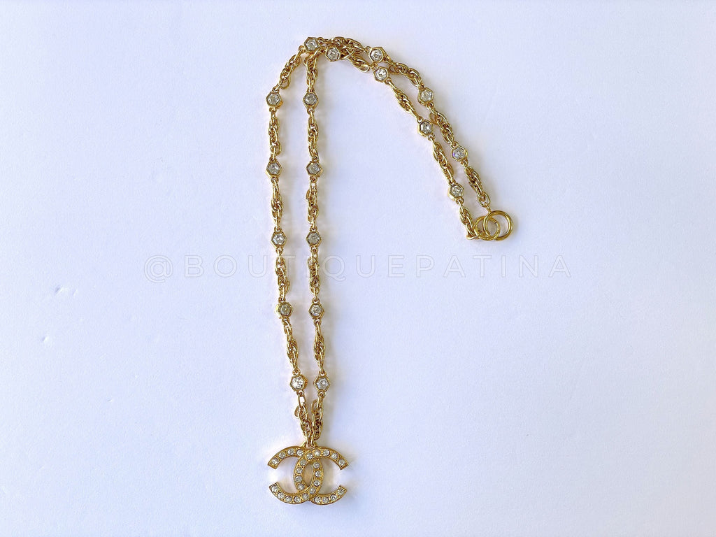 Chanel Vintage 1980s Large Crystal CC Logo Pendant Long Studded Necklace