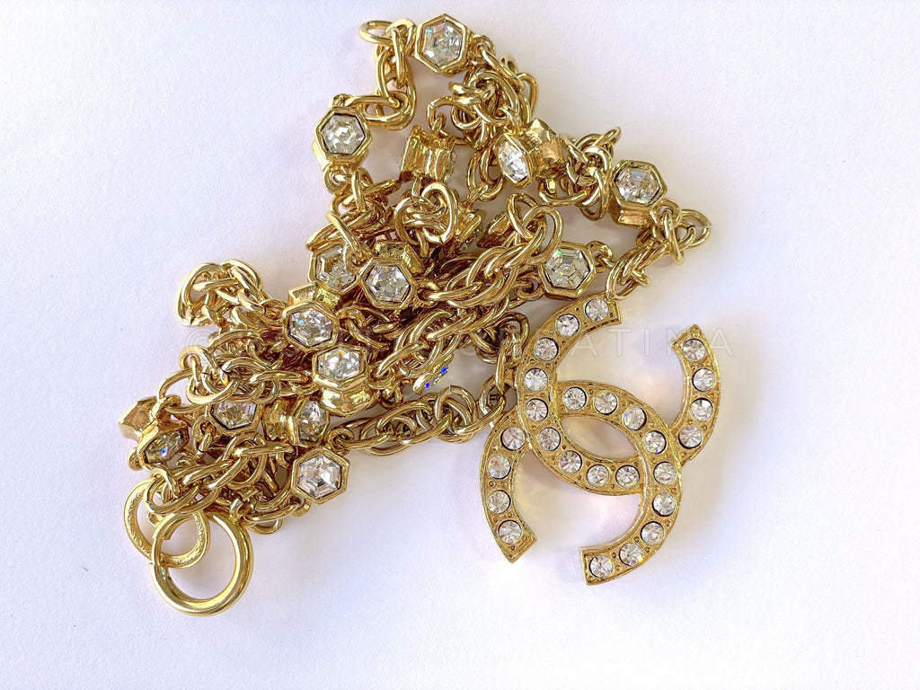 Chanel Vintage 1980s Large Crystal CC Logo Pendant Long Studded Necklace