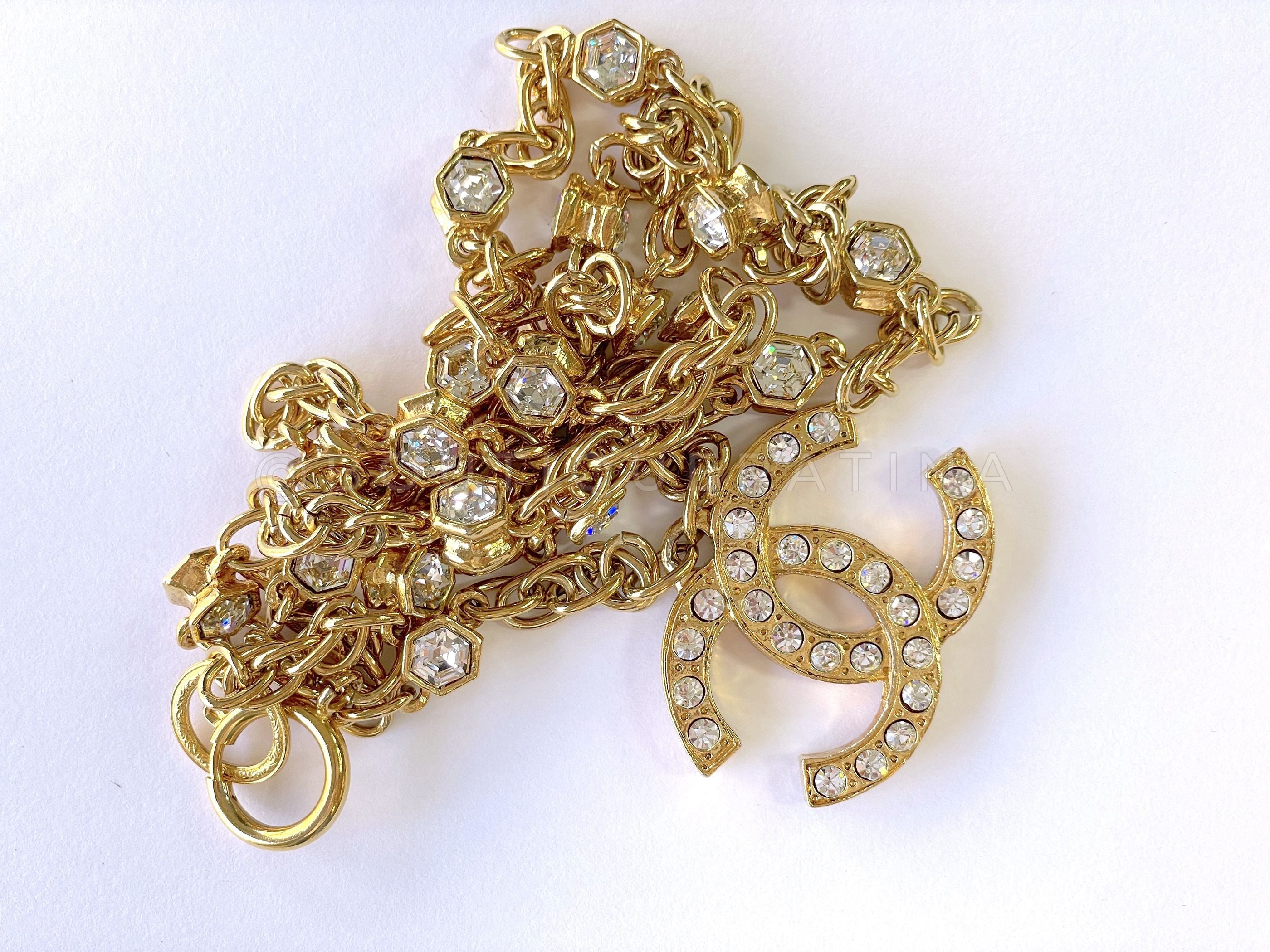 Chanel Vintage 1980s Large Crystal CC Logo Pendant Long Studded Necklace