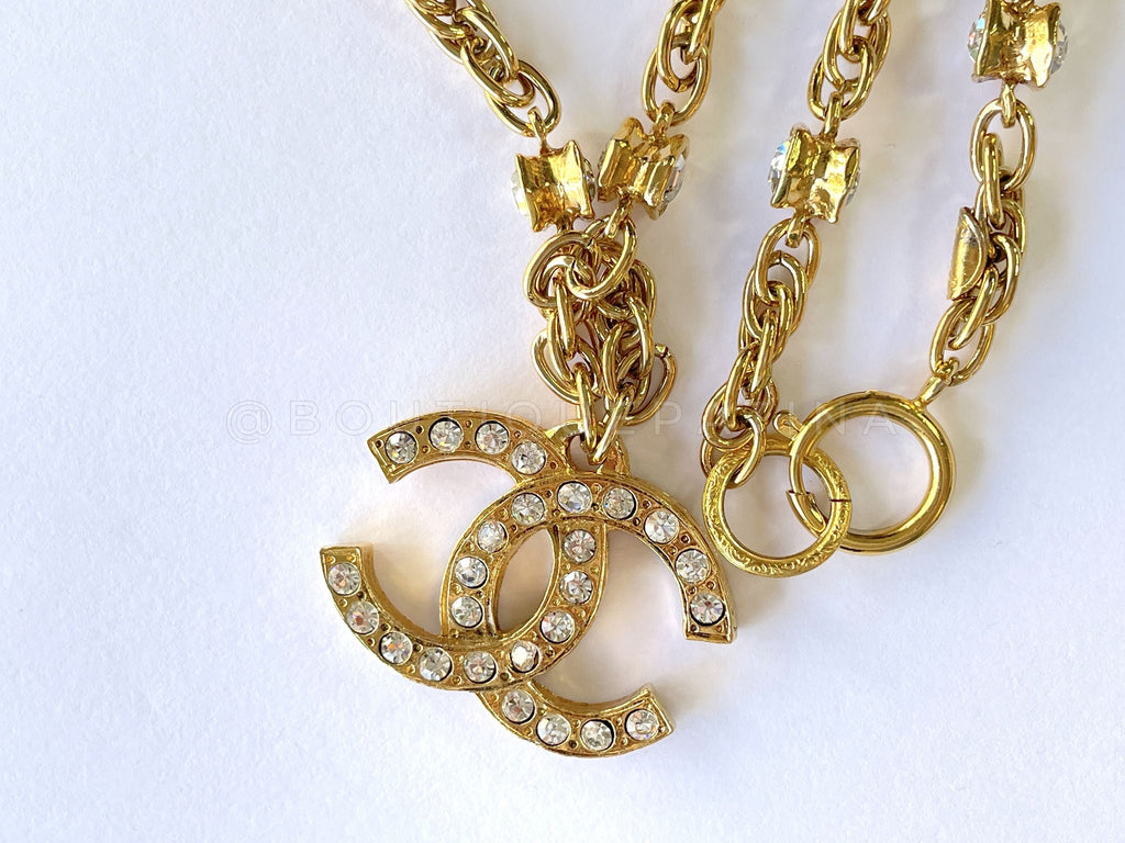 Chanel Vintage 1980s Large Crystal CC Logo Pendant Long Studded Necklace