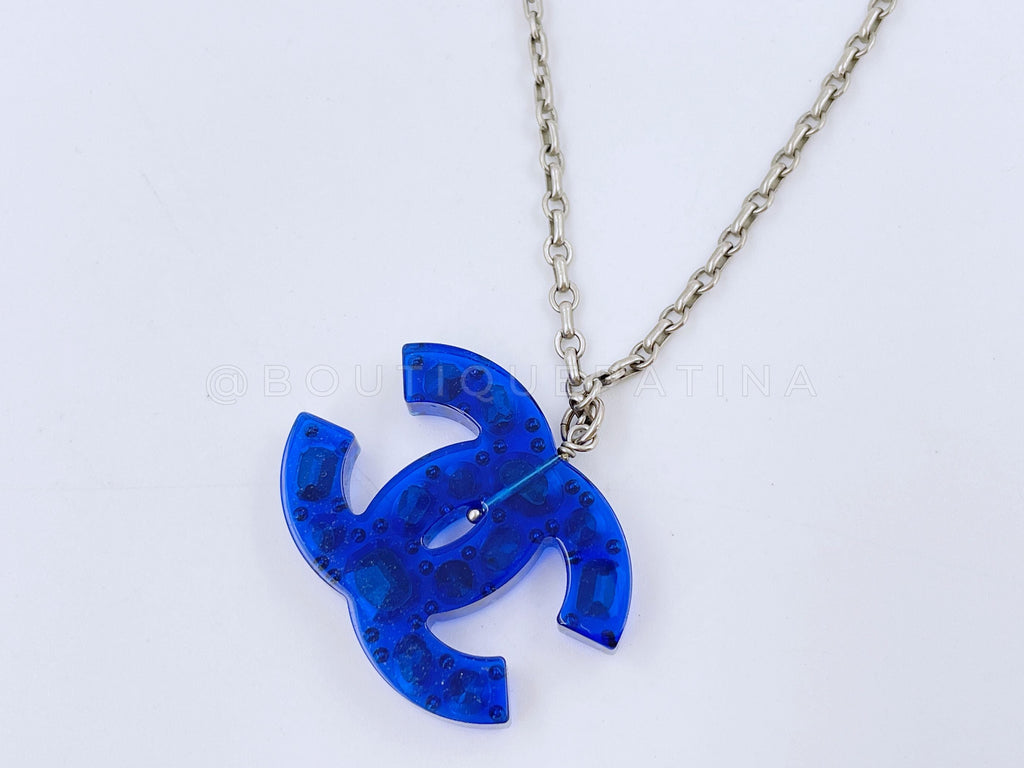 Chanel 18P Blue Crystal Embedded Resin CC Logo Pendant Necklace Silver