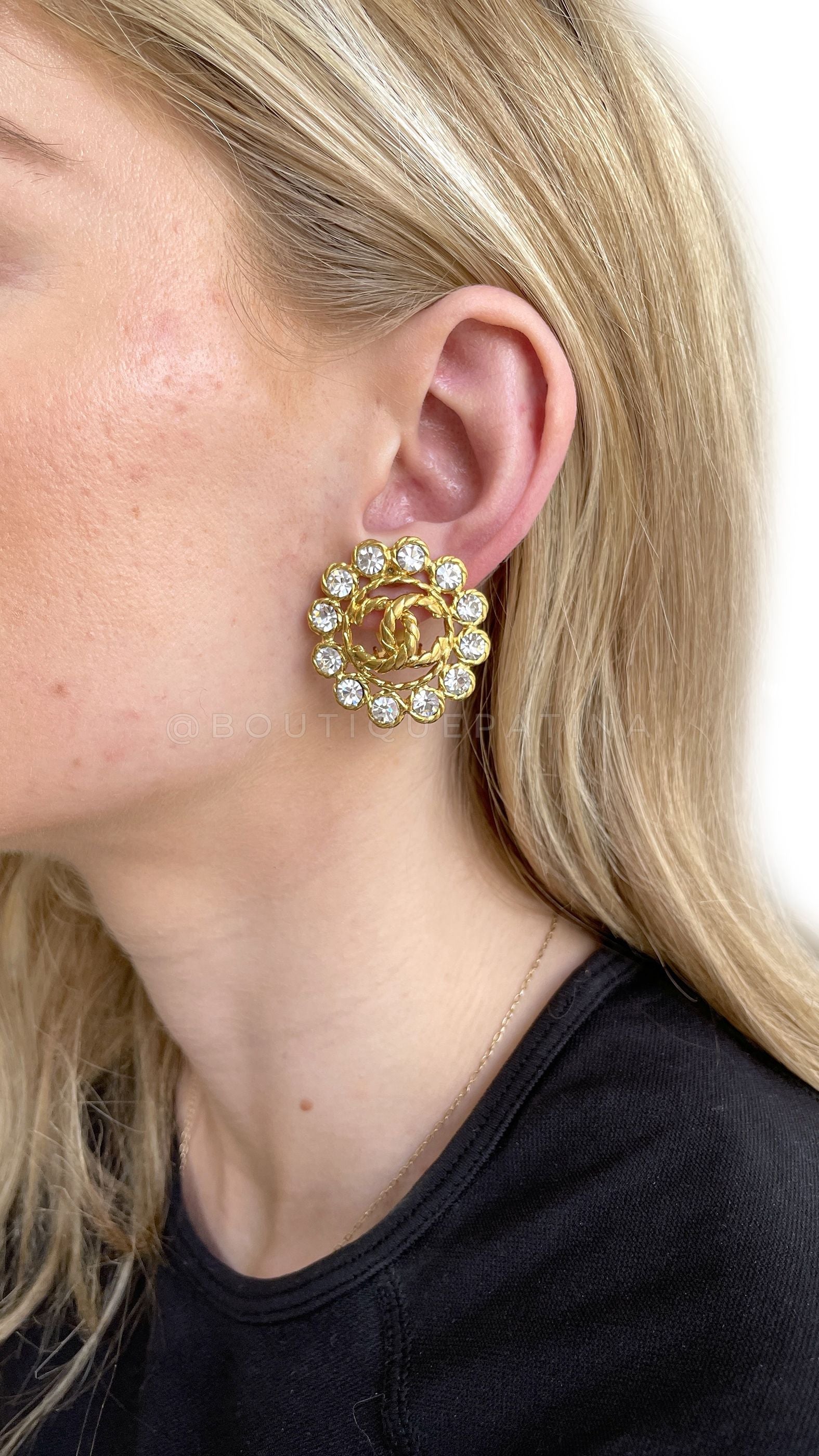 Chanel Vintage 93A Large Crystal Bordered CC Logo Stud Earrings