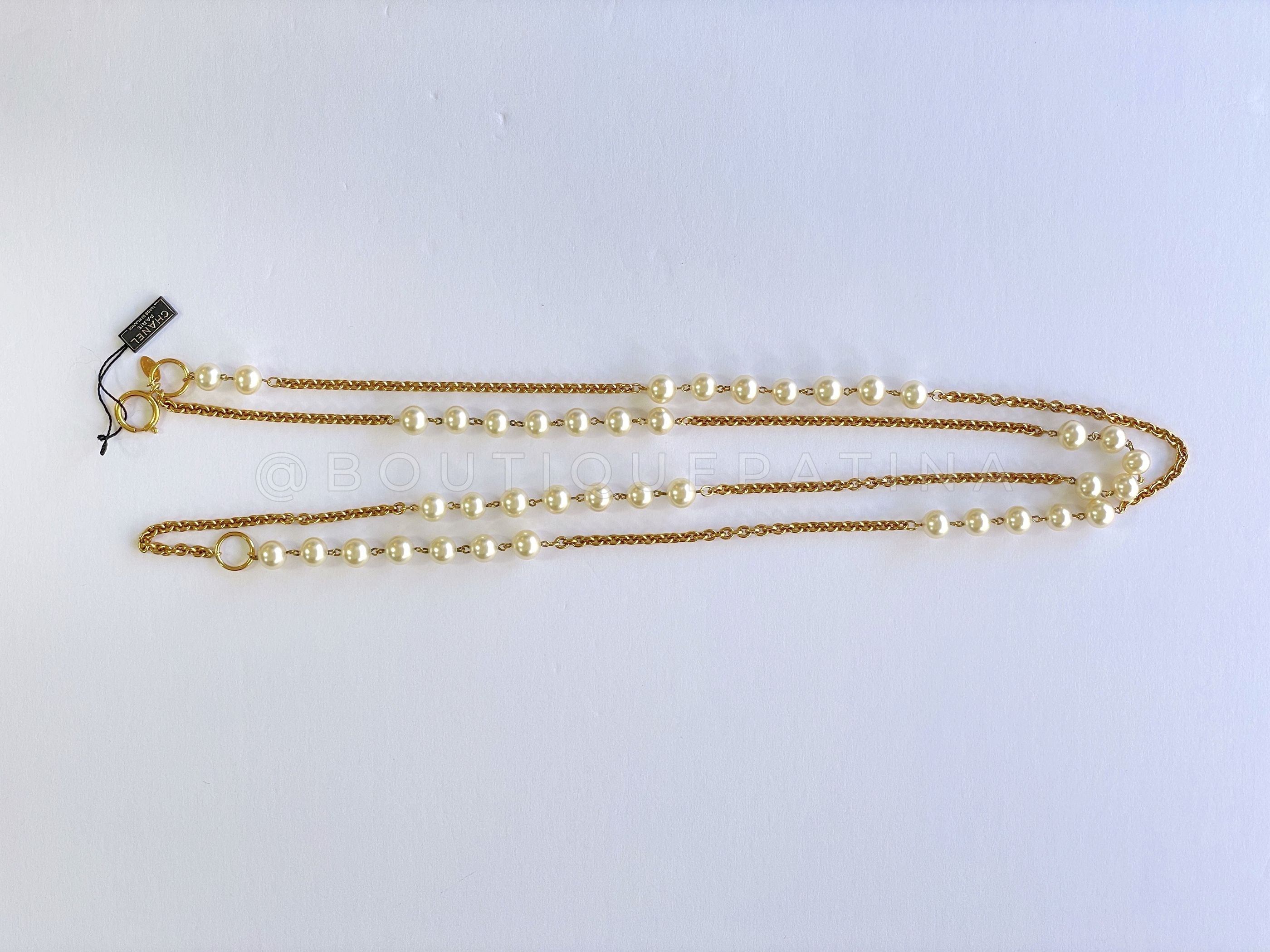 Chanel Vintage 67" Long Pearl and Gold Chain Double Stranded Station Necklace