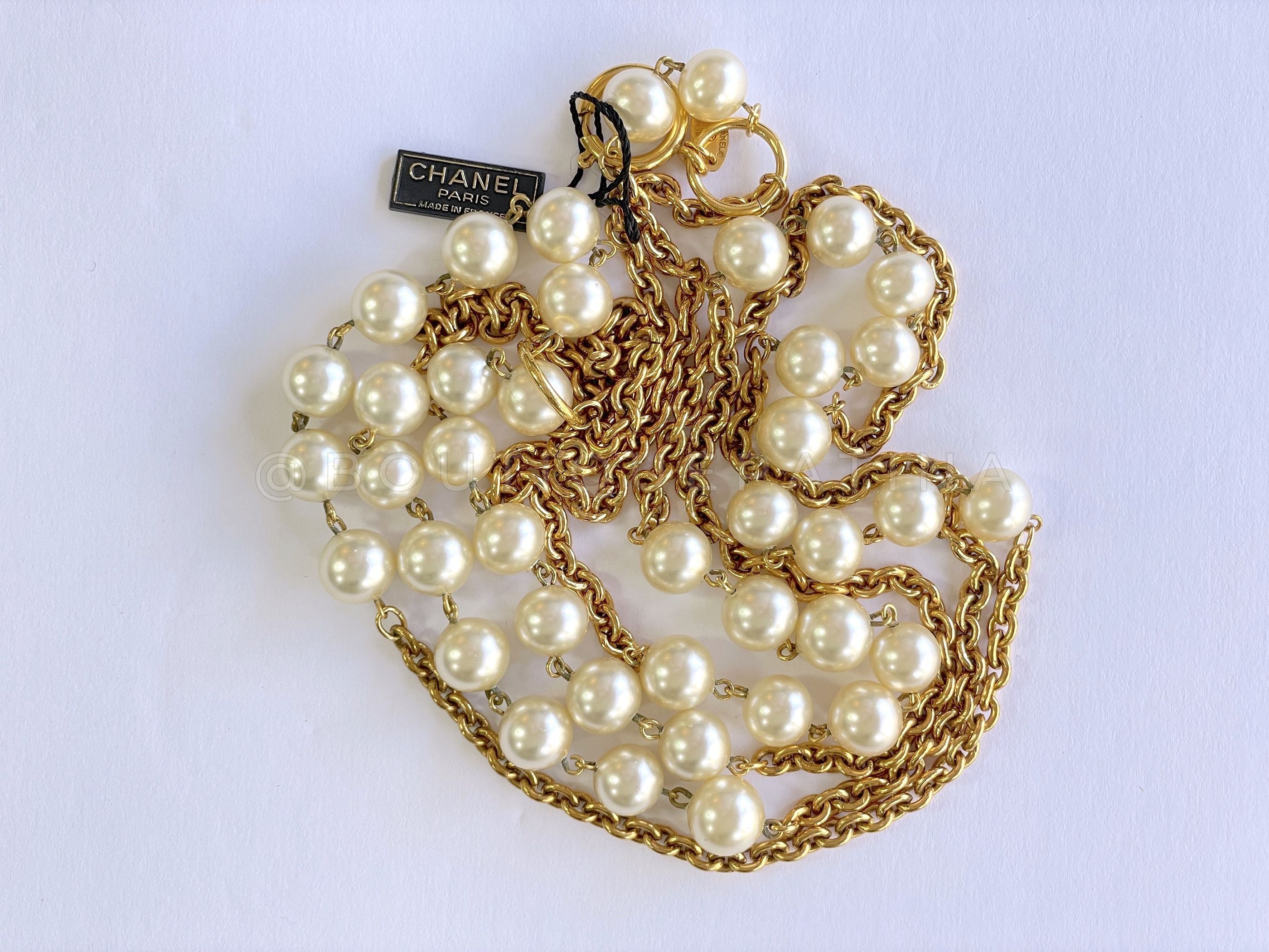 Chanel Vintage 67" Long Pearl and Gold Chain Double Stranded Station Necklace