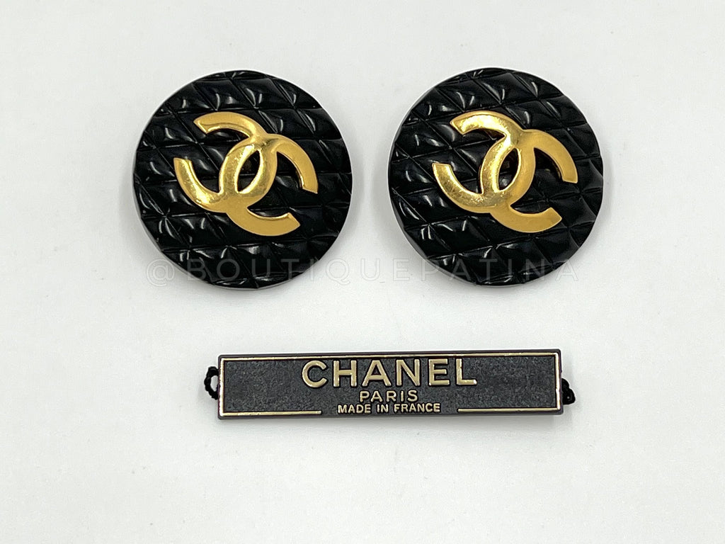 Chanel Vintage 1980s Large Black Quilted Logo Button Giant Stud Earrings