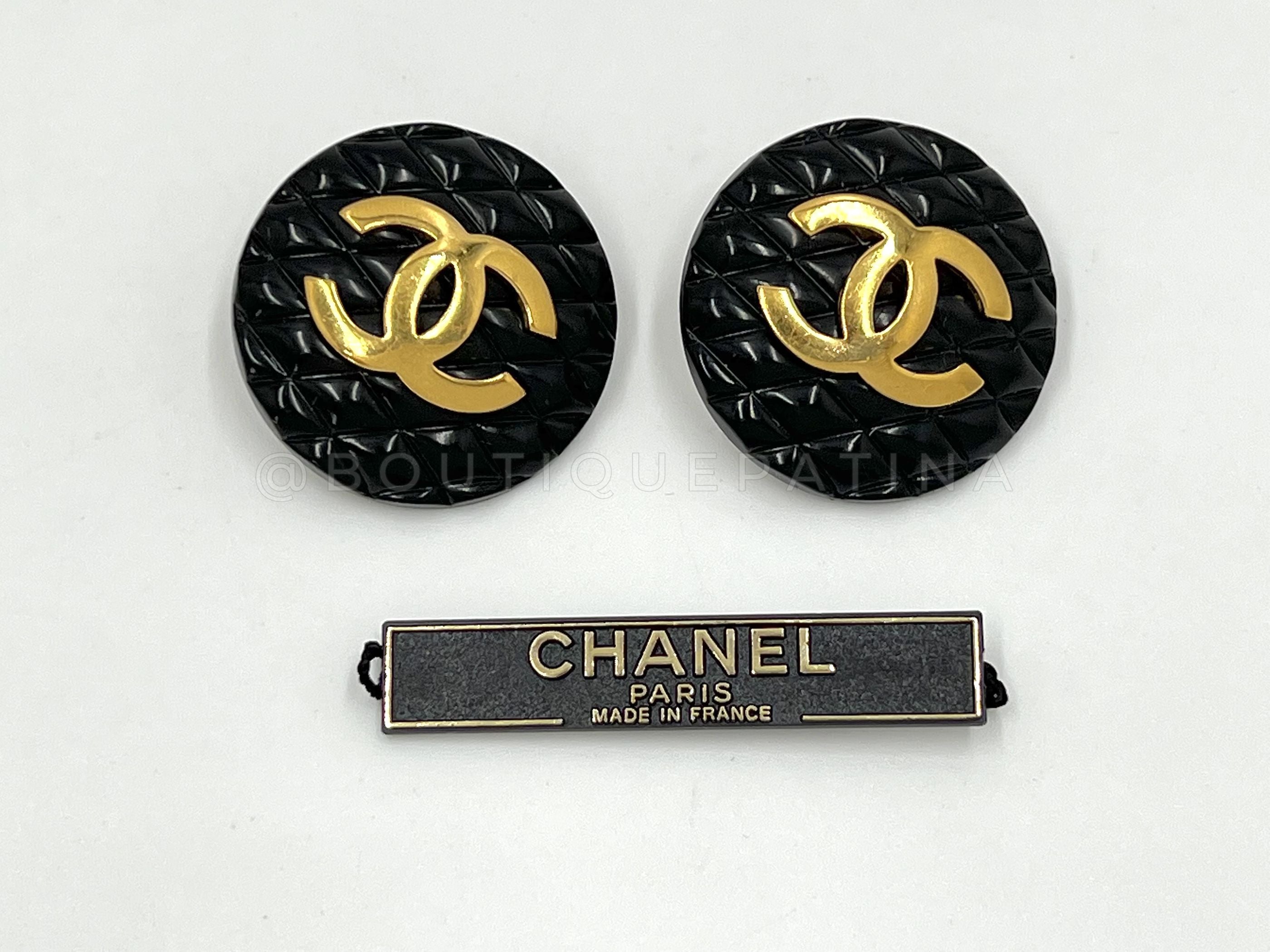 Chanel Vintage 1980s Large Black Quilted Logo Button Giant Stud Earrings