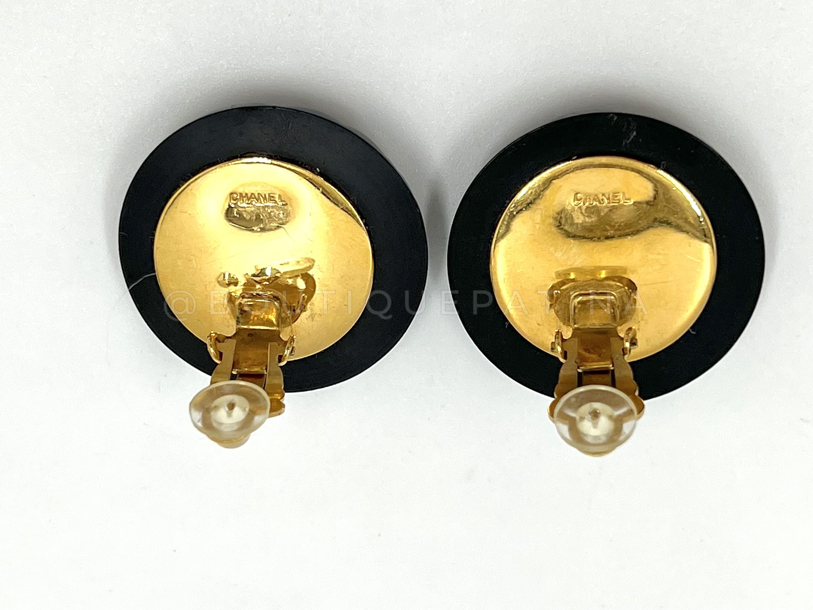 Chanel Vintage 1980s Large Black Quilted Logo Button Giant Stud Earrings