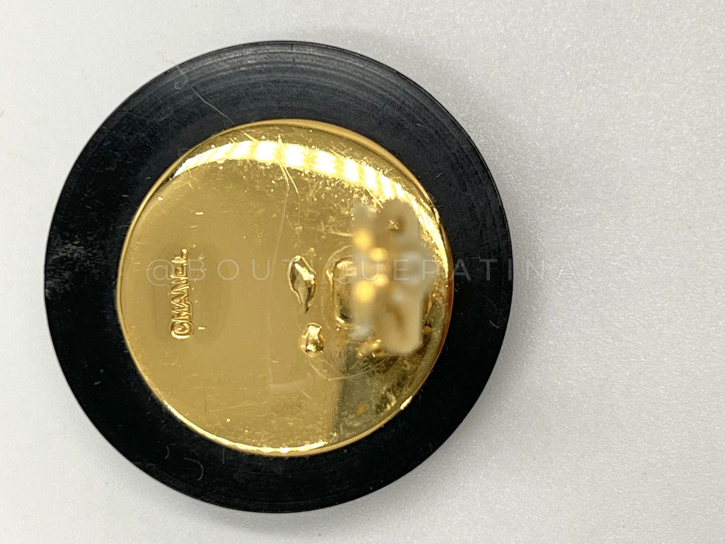 Chanel Vintage 1980s Large Black Quilted Logo Button Giant Stud Earrings