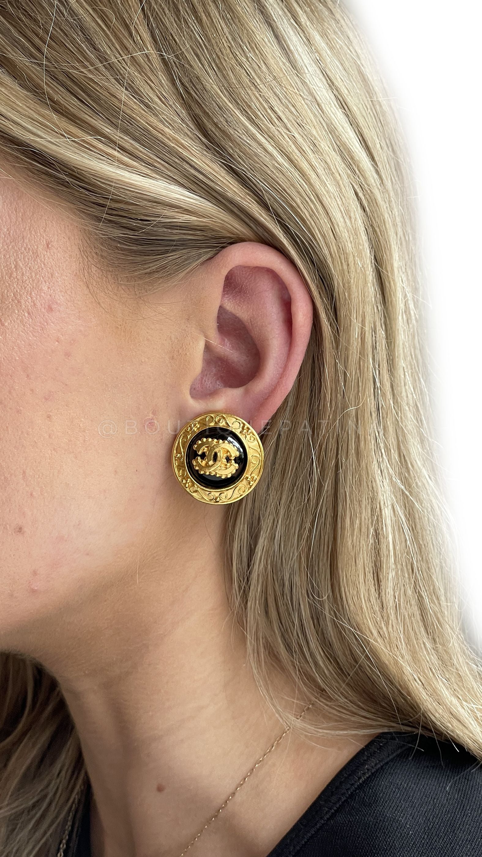 Chanel Vintage 96A Baroque Black and Gold CC Logo Stud Earrings