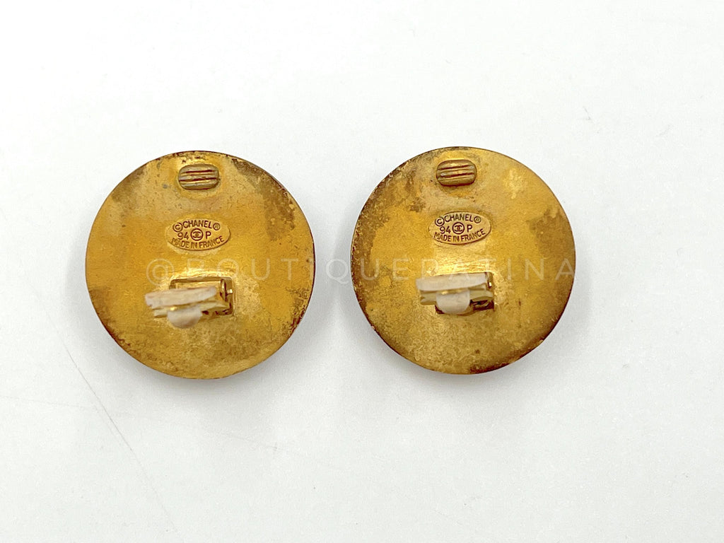 Chanel Vintage 94P Gold Sunburst Logo and Dark Wood Stud Earrings