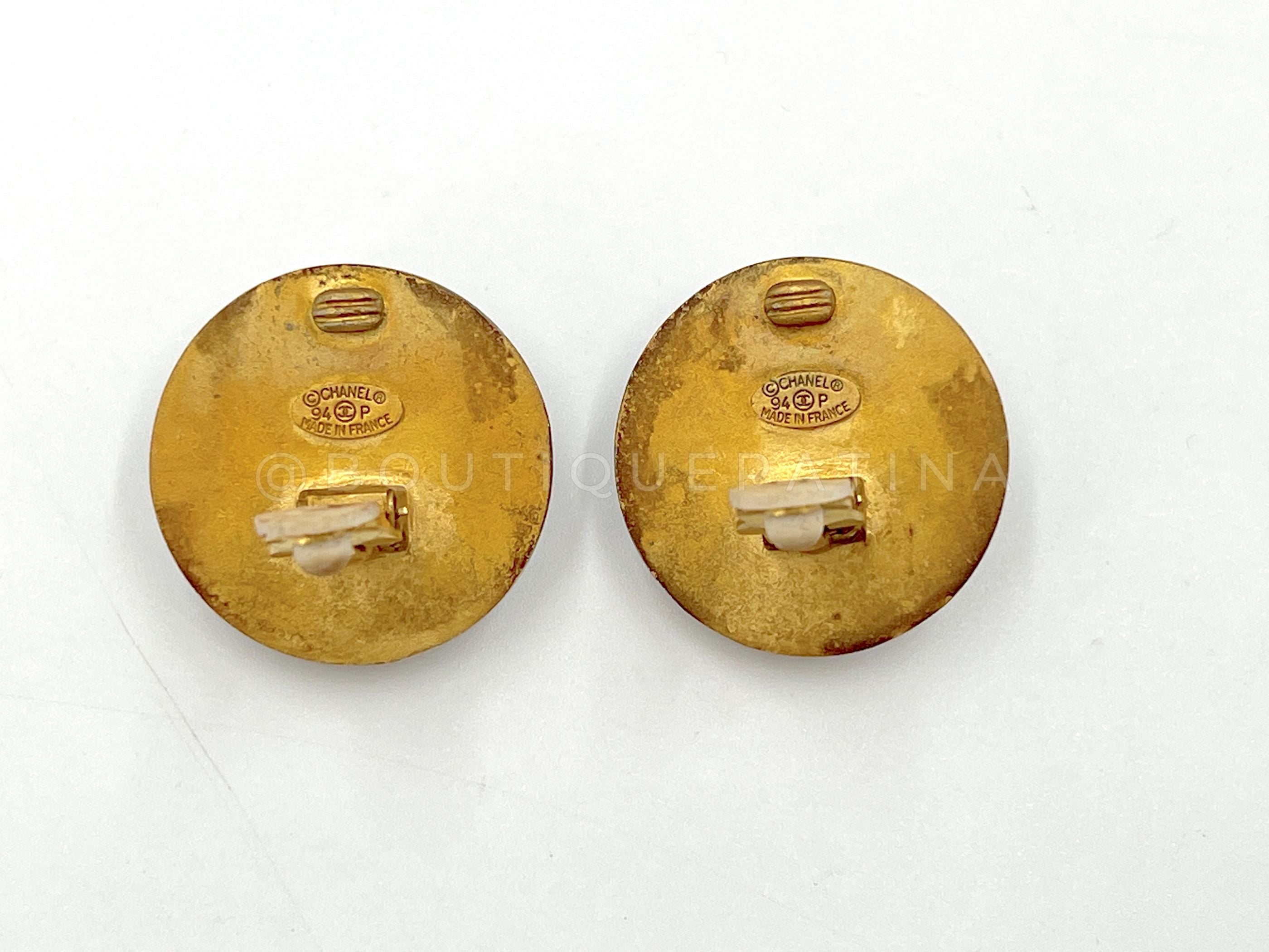 Chanel Vintage 94P Gold Sunburst Logo and Dark Wood Stud Earrings