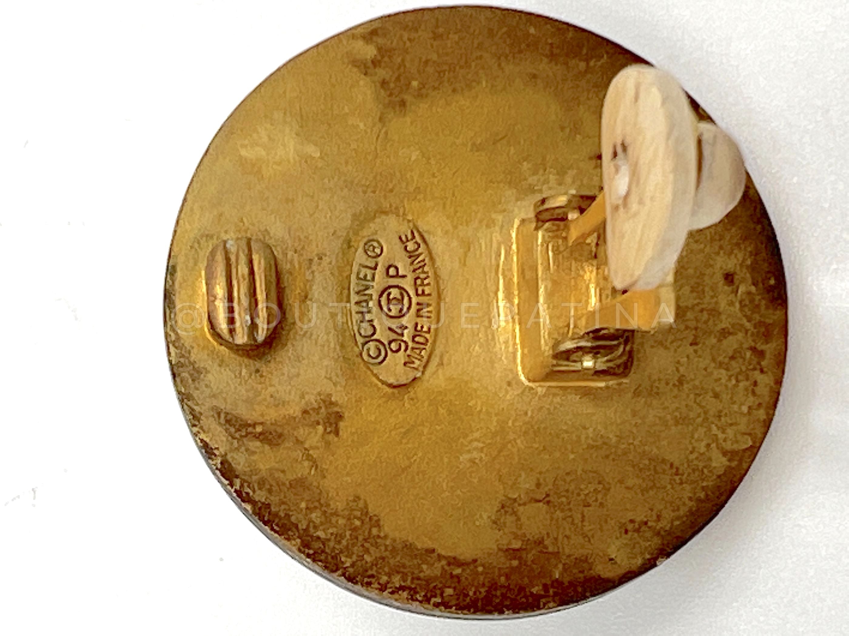 Chanel Vintage 94P Gold Sunburst Logo and Dark Wood Stud Earrings