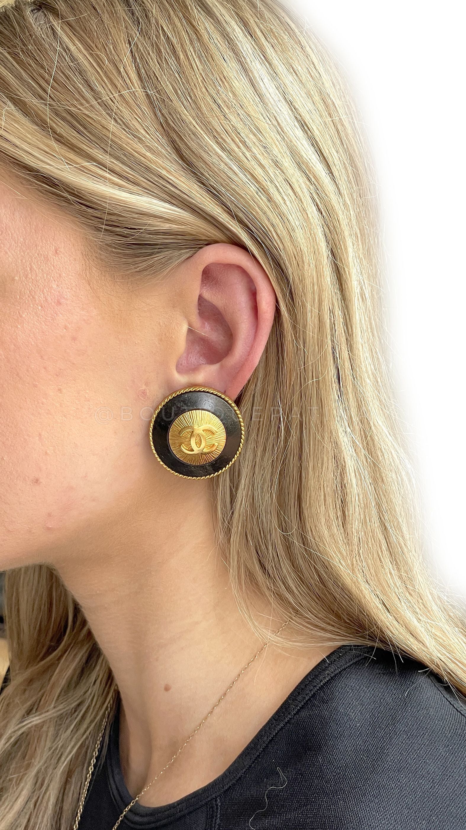 Chanel Vintage 94P Gold Sunburst Logo and Dark Wood Stud Earrings