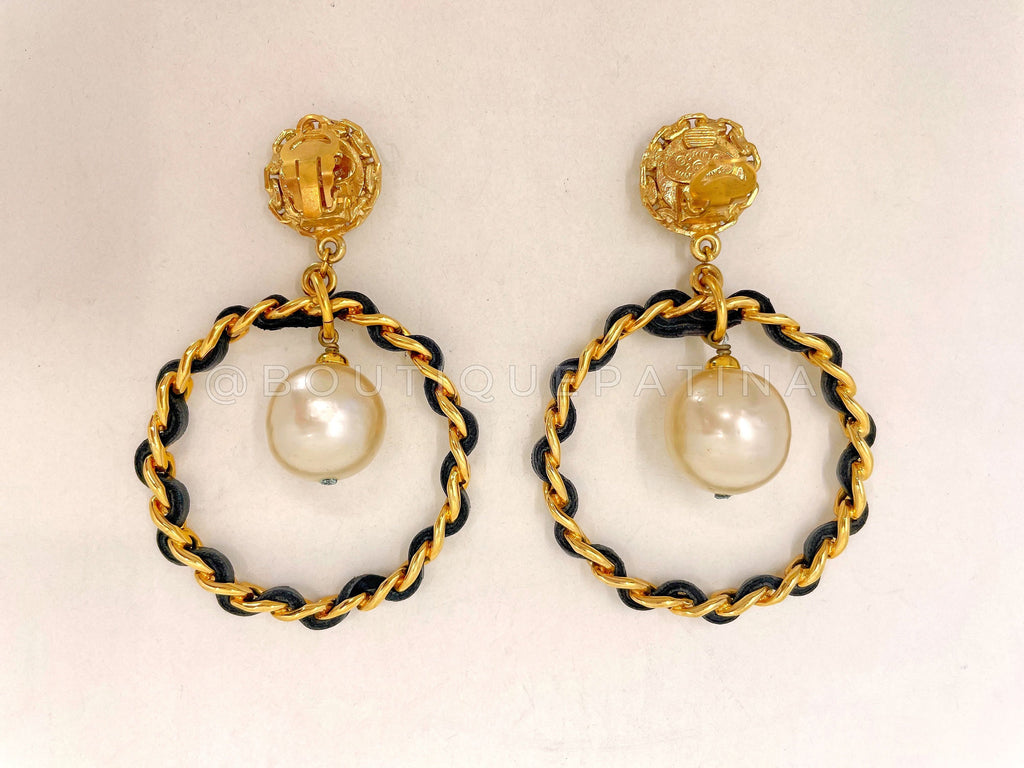 Chanel Vintage Pearl Hoop Drop Earrings Woven Chain Collection 27