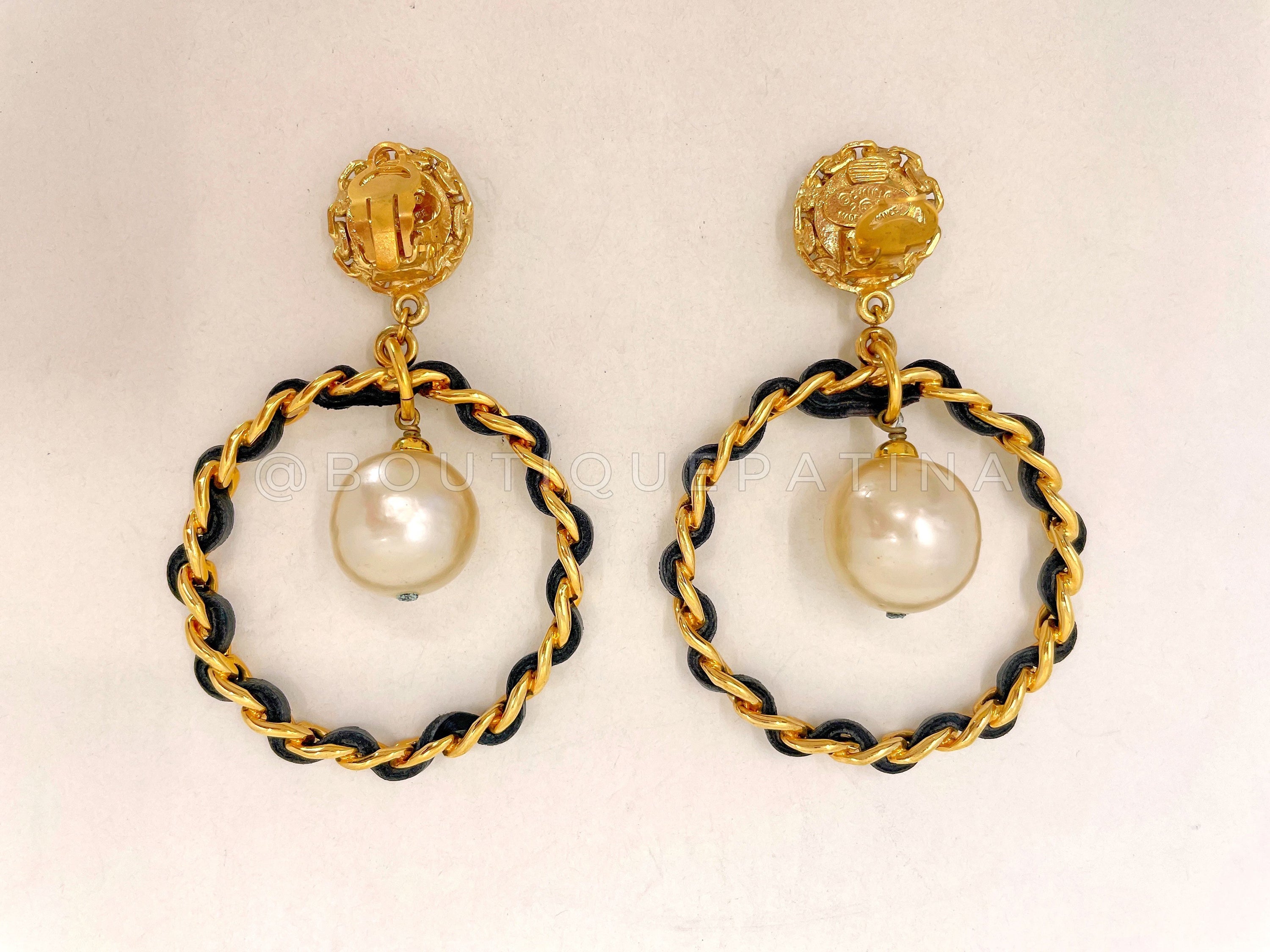 Chanel Vintage Pearl Hoop Drop Earrings Woven Chain Collection 27