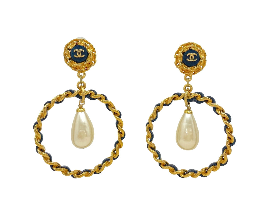 Chanel Vintage Pearl Hoop Teardrop Earrings Woven Chain Collection 27