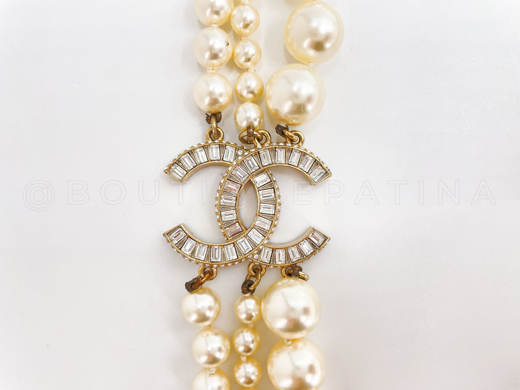 Chanel 14B Pearl and Baguette Crystal Triple Strand Choker Necklace