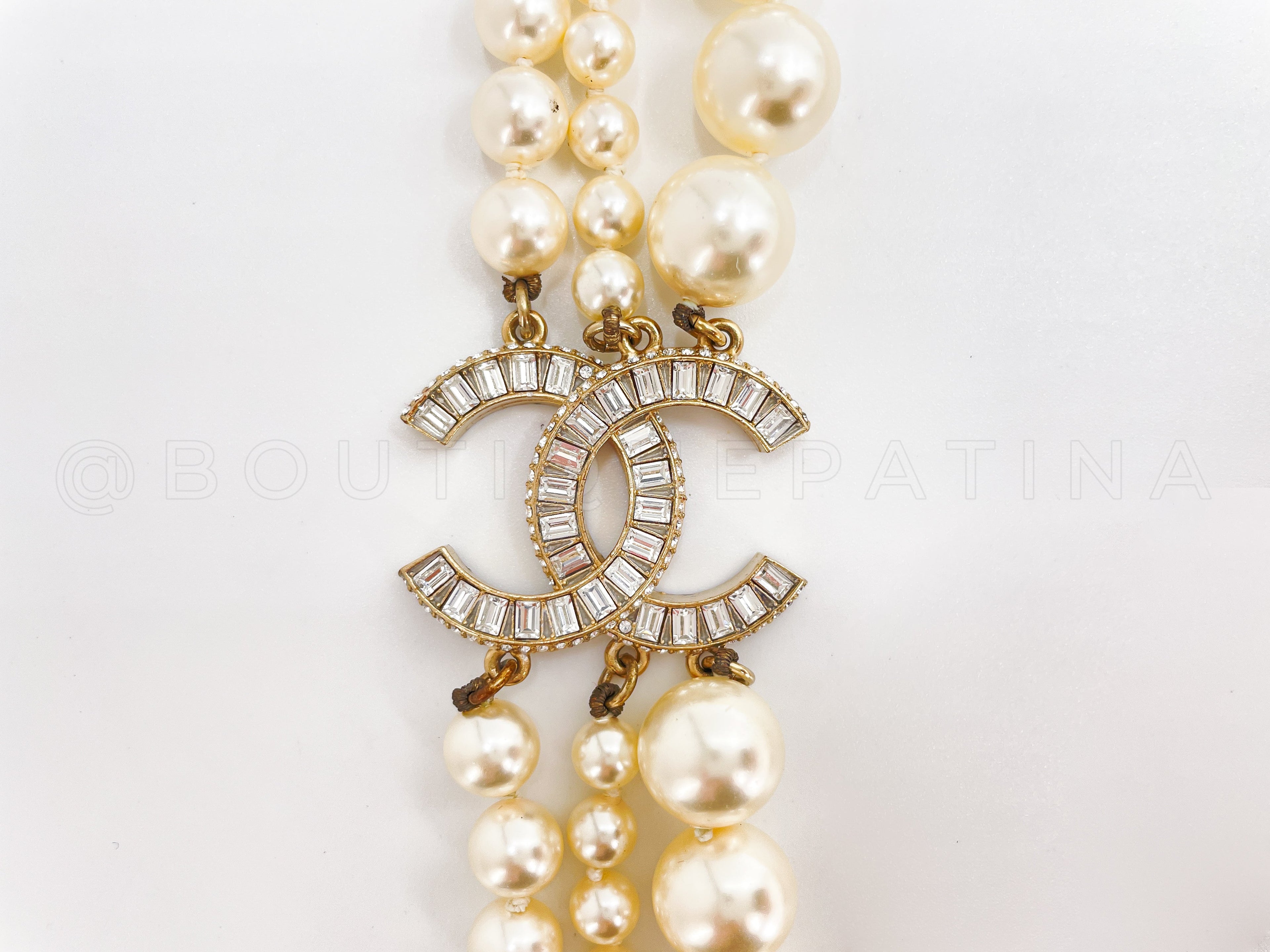 Chanel 14B Pearl and Baguette Crystal Triple Strand Choker Necklace