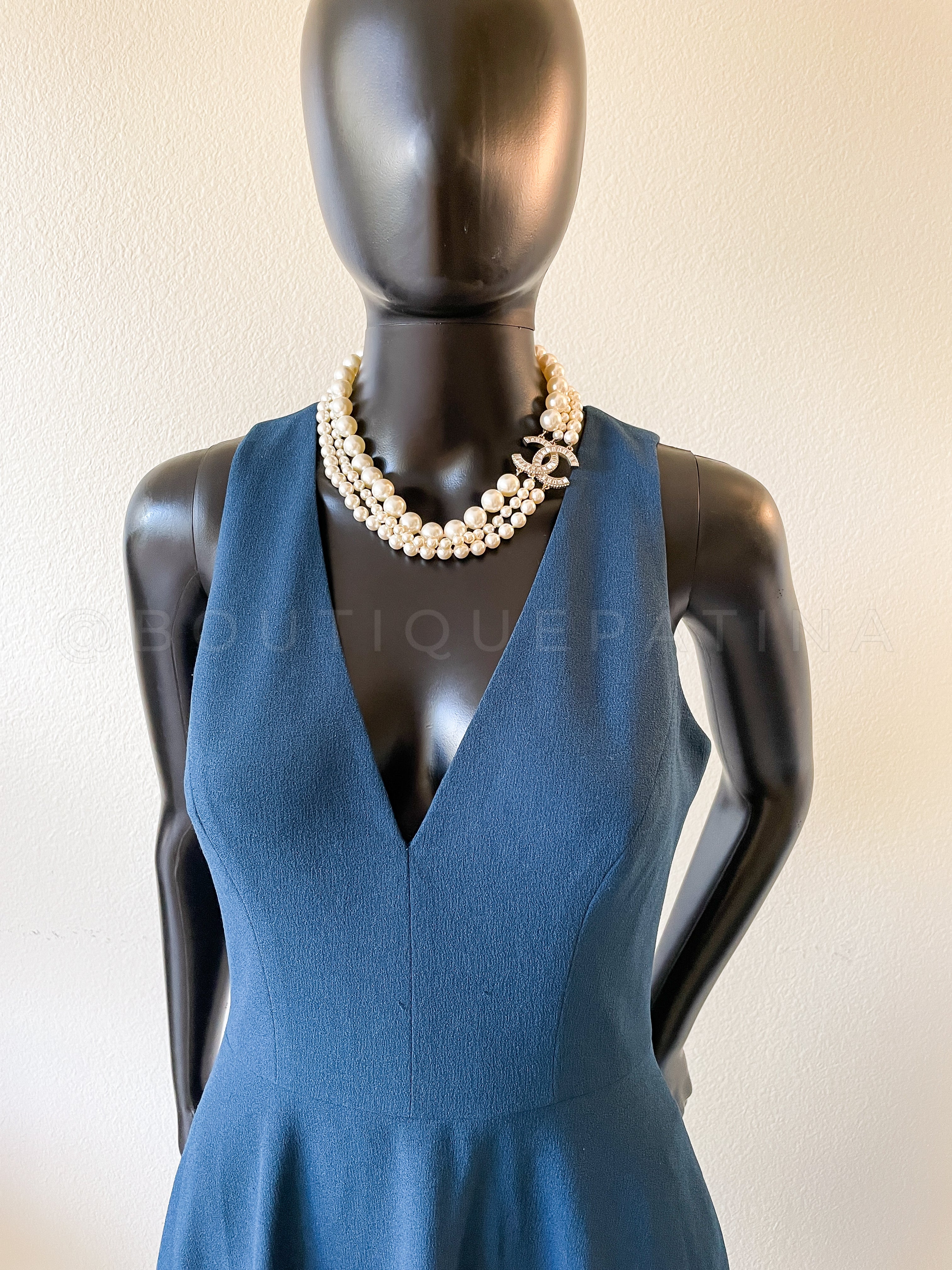 Chanel 14B Pearl and Baguette Crystal Triple Strand Choker Necklace