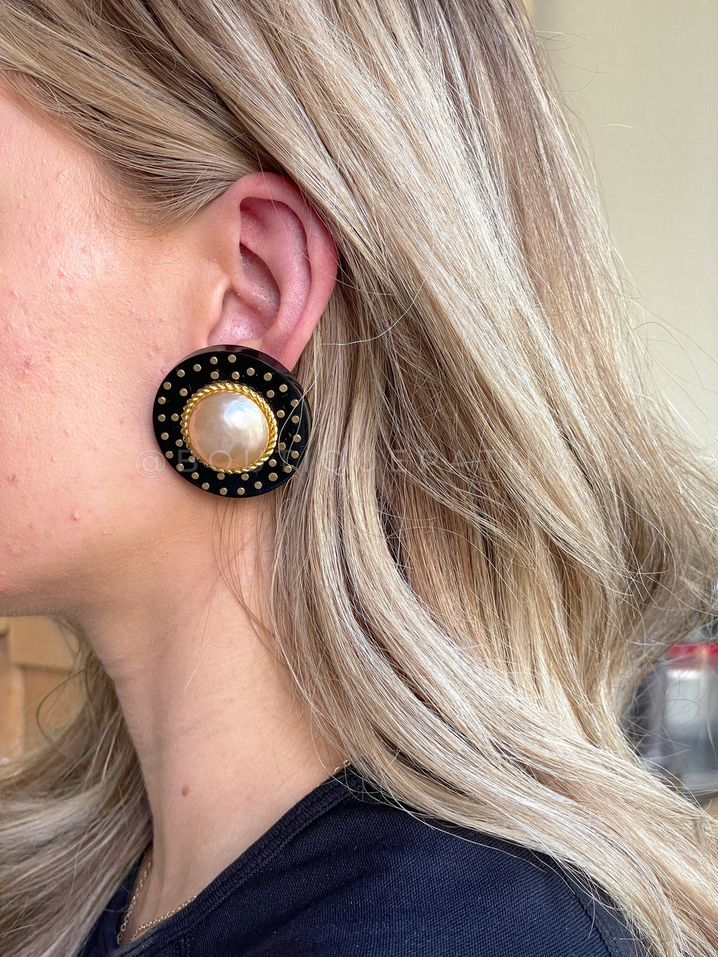 Chanel Vintage Large Pearl Black Studded Frame Giant Stud Earrings Collection 26