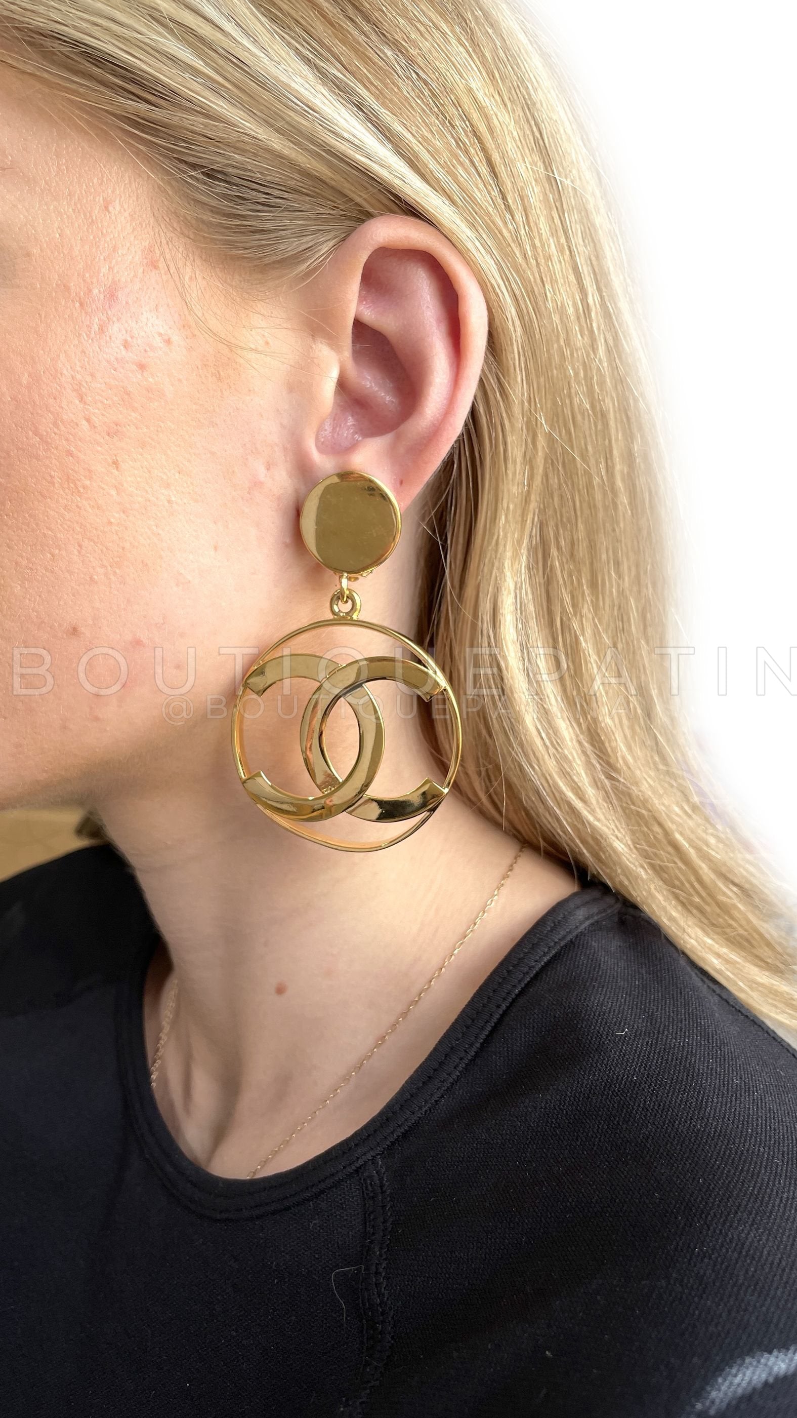 Chanel 1980s Vintage Large Hoop Dangle CC Statement Earrings IRI