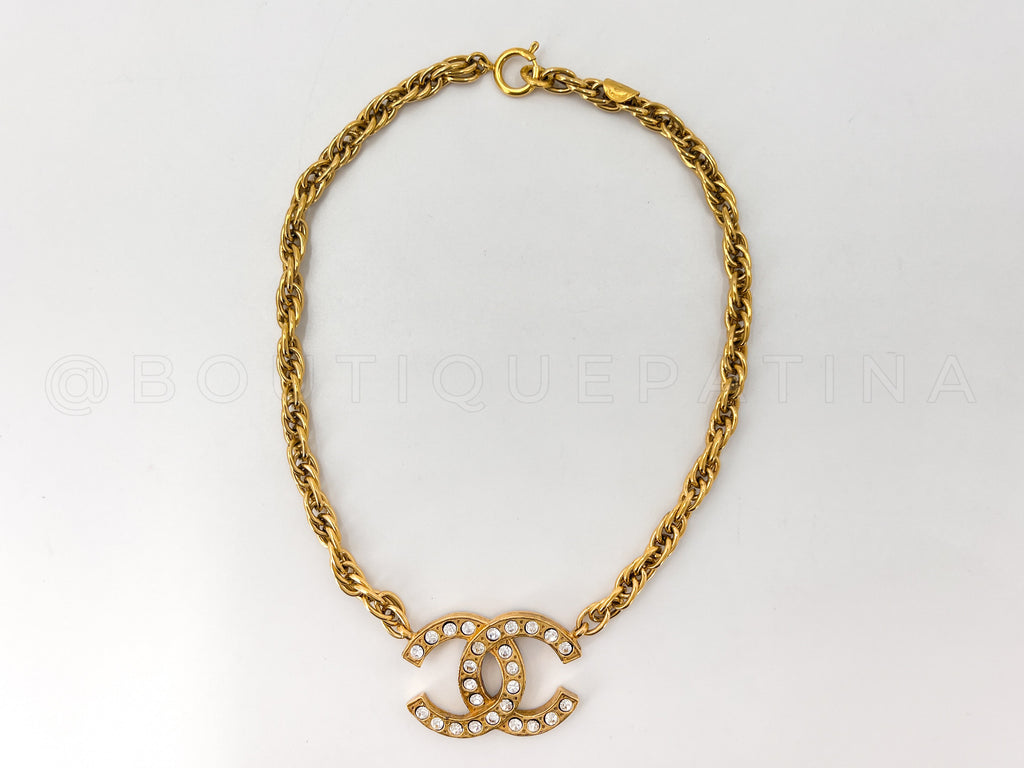 Chanel Vintage 1980s Large Crystal CC Choker Necklace Gold Plated