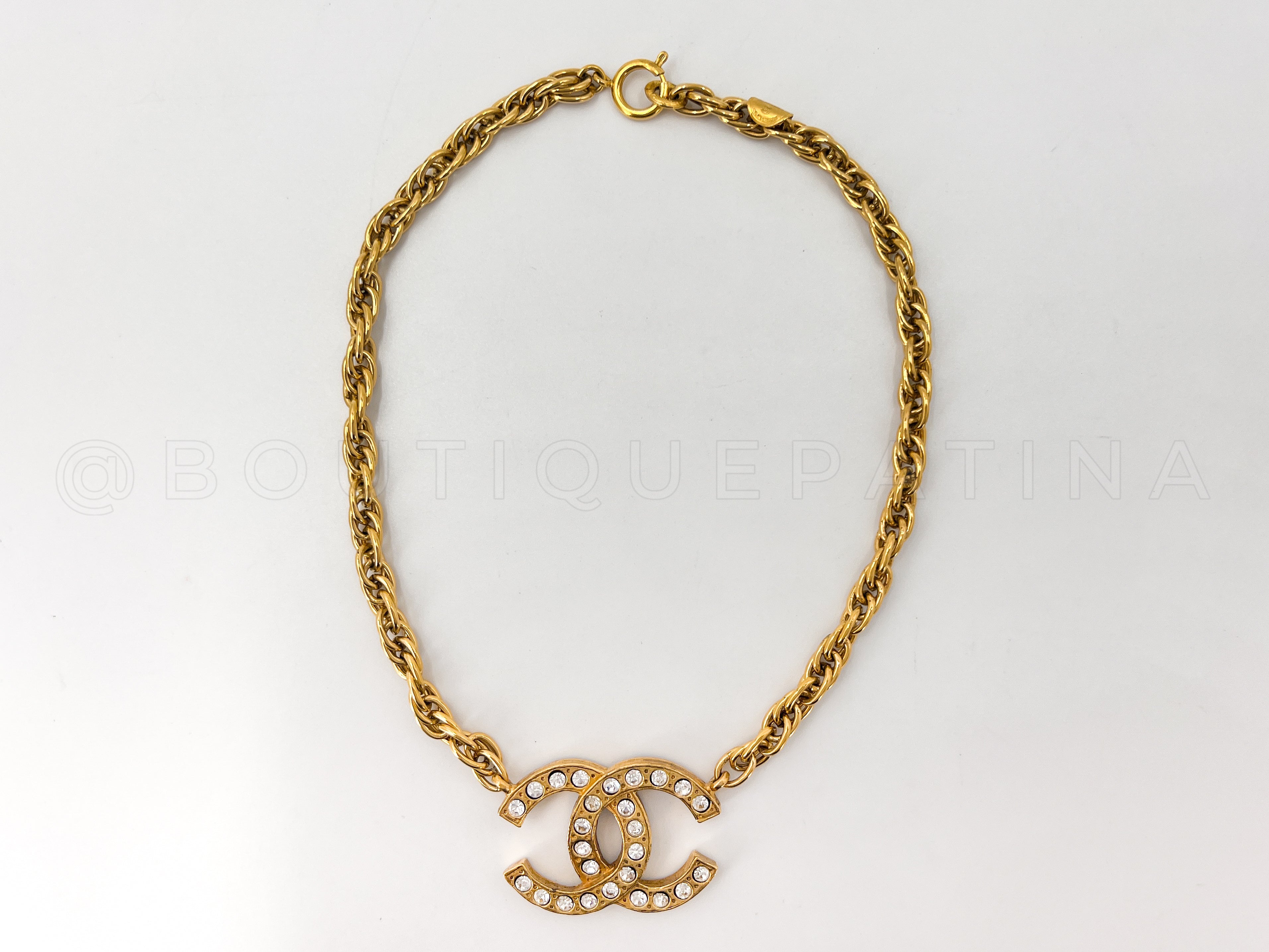 Chanel Vintage 1980s Large Crystal CC Choker Necklace Gold Plated