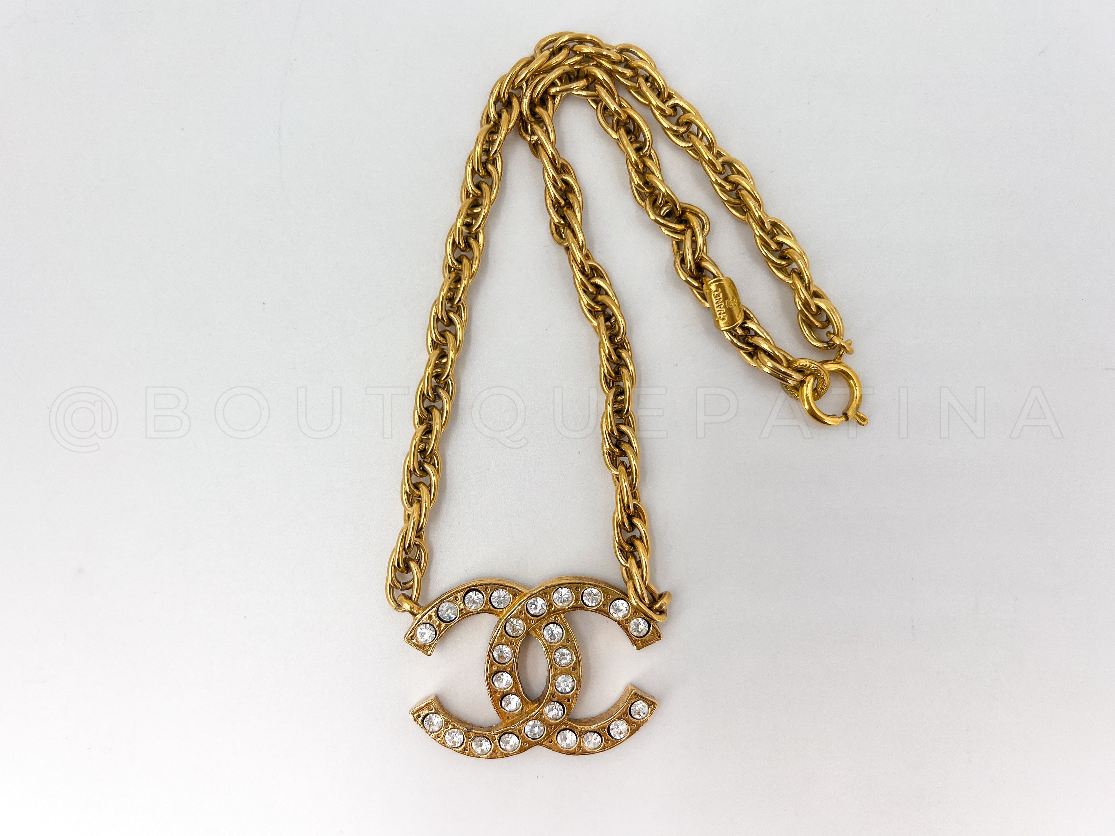 Chanel Vintage 1980s Large Crystal CC Choker Necklace Gold Plated