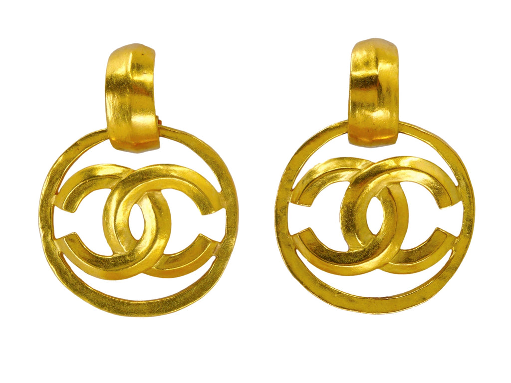 Chanel 96P Vintage Encircled CC Dangle Hoop Earrings Gold Plated