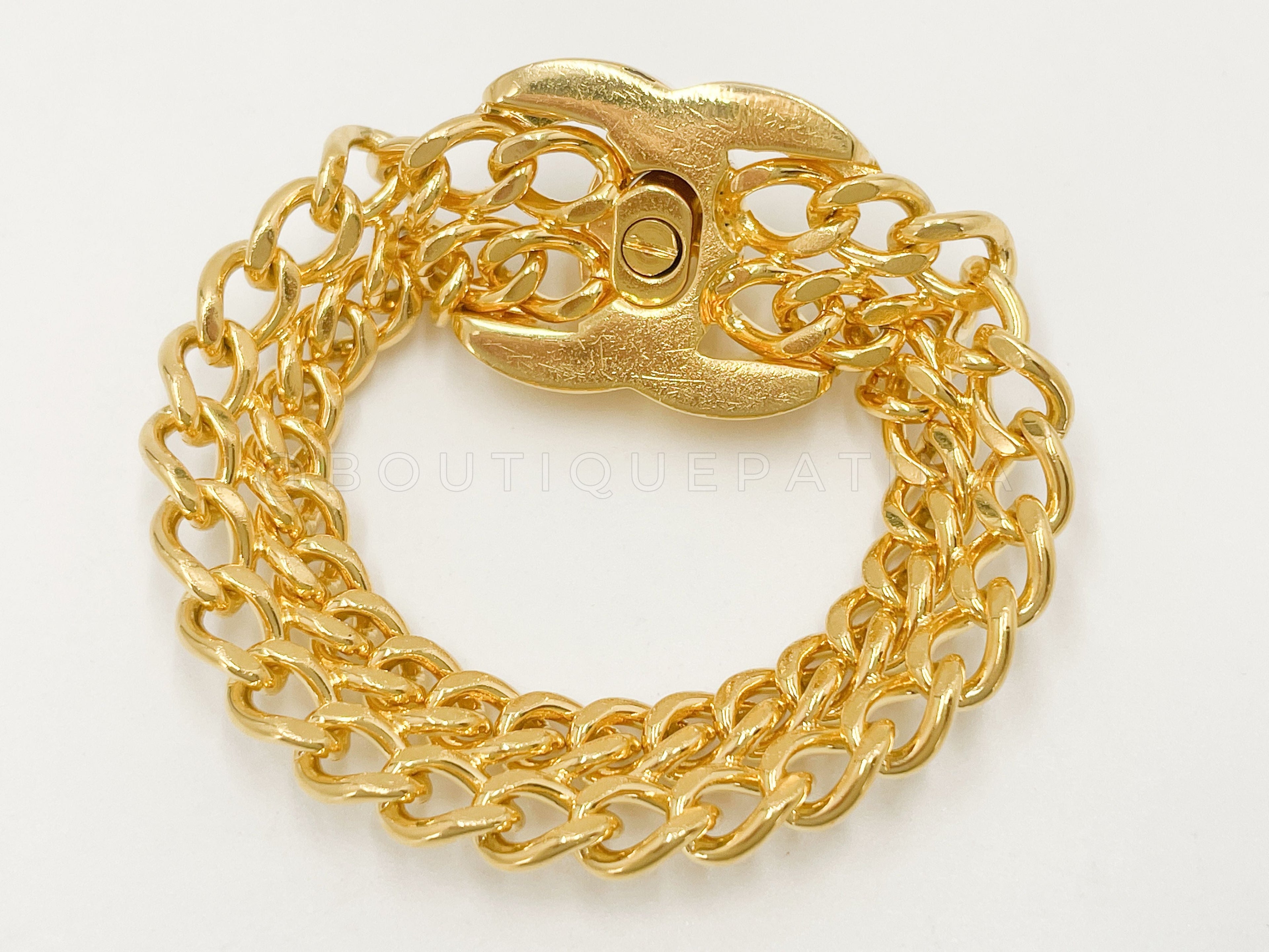 Chanel Mid-90s Vintage Turnlock Double Chain Bracelet 24k GHW