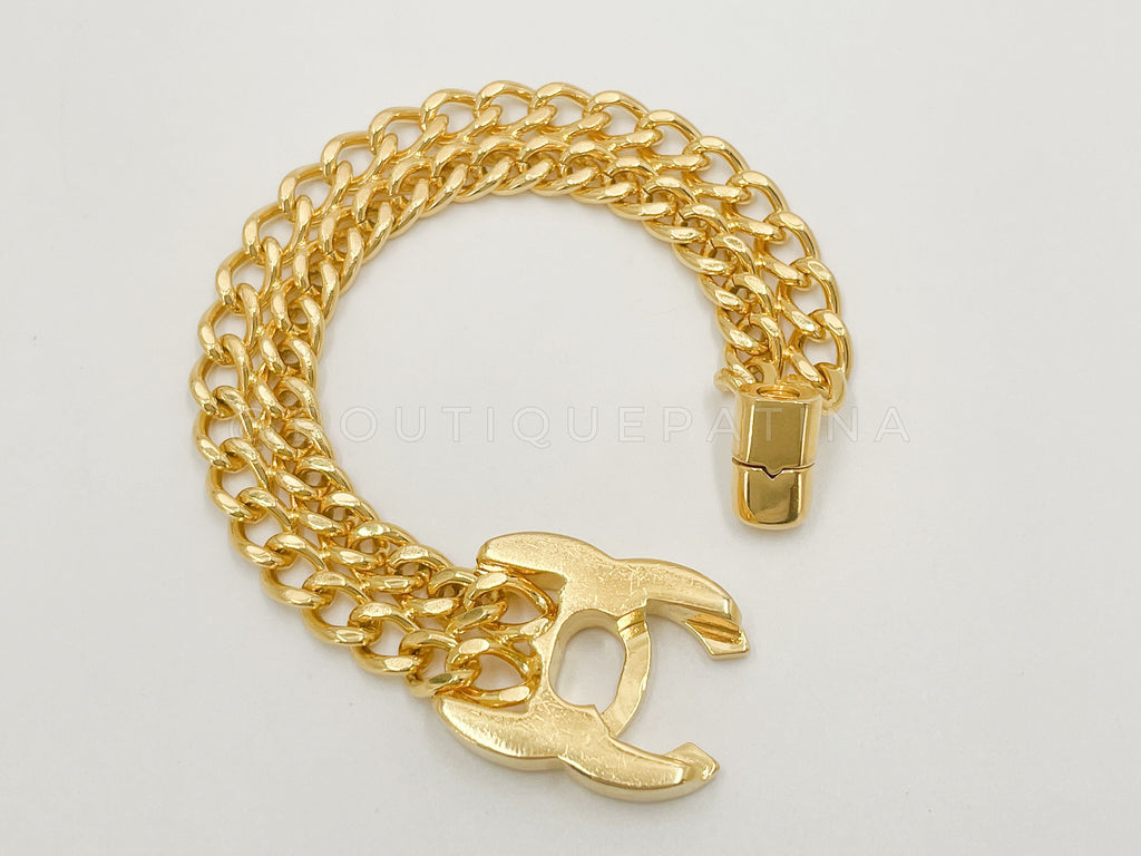 Chanel Mid-90s Vintage Turnlock Double Chain Bracelet 24k GHW