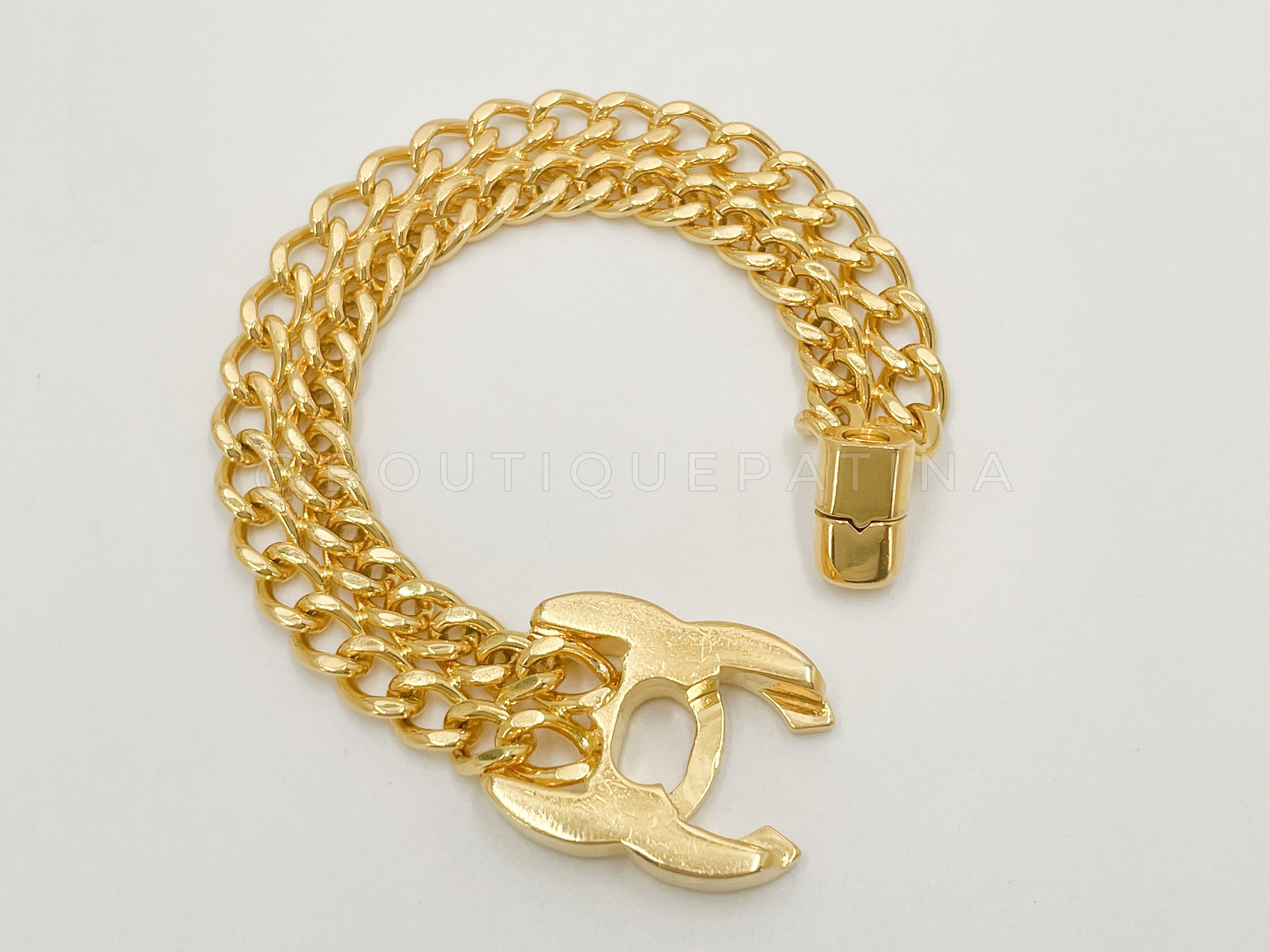 Chanel Mid-90s Vintage Turnlock Double Chain Bracelet 24k GHW