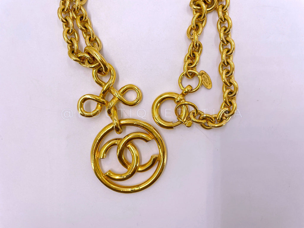 Chanel 93P Vintage Long Knotted Encircled CC Long Necklace Gold