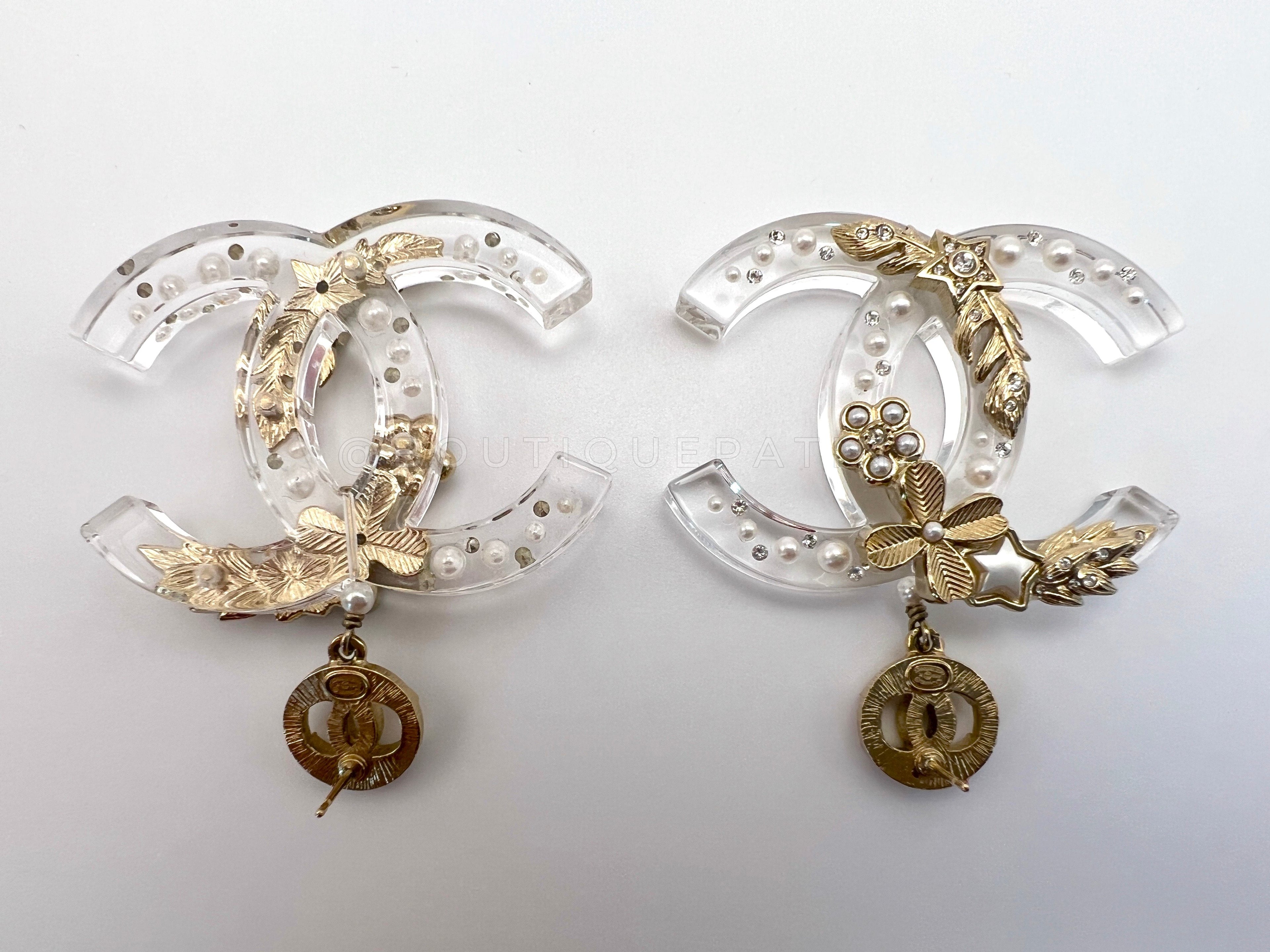 Chanel 19K Clear Acrylic Large CC Ornamental Drop Dangle Earrings W55