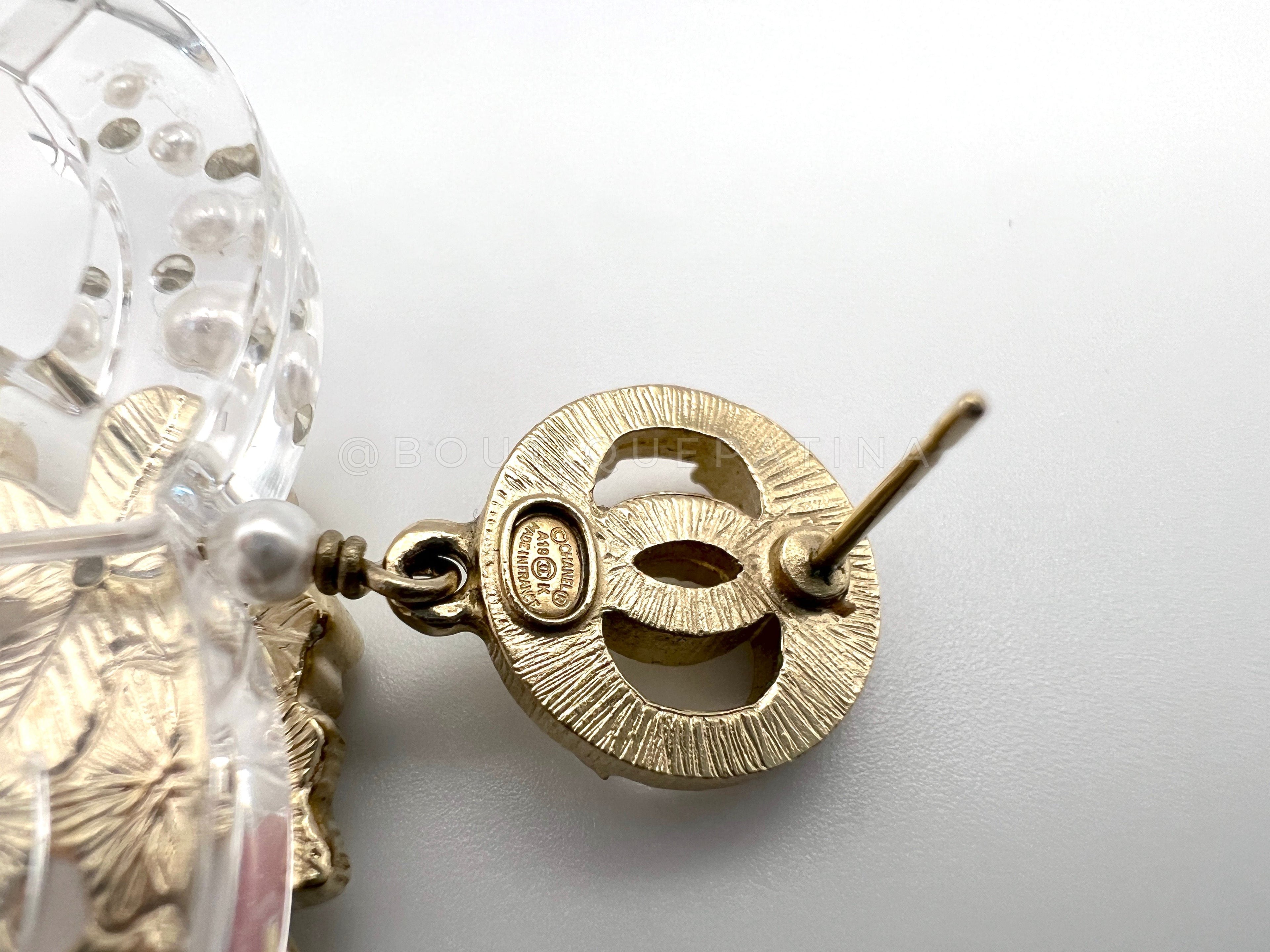 Chanel 19K Clear Acrylic Large CC Ornamental Drop Dangle Earrings W55