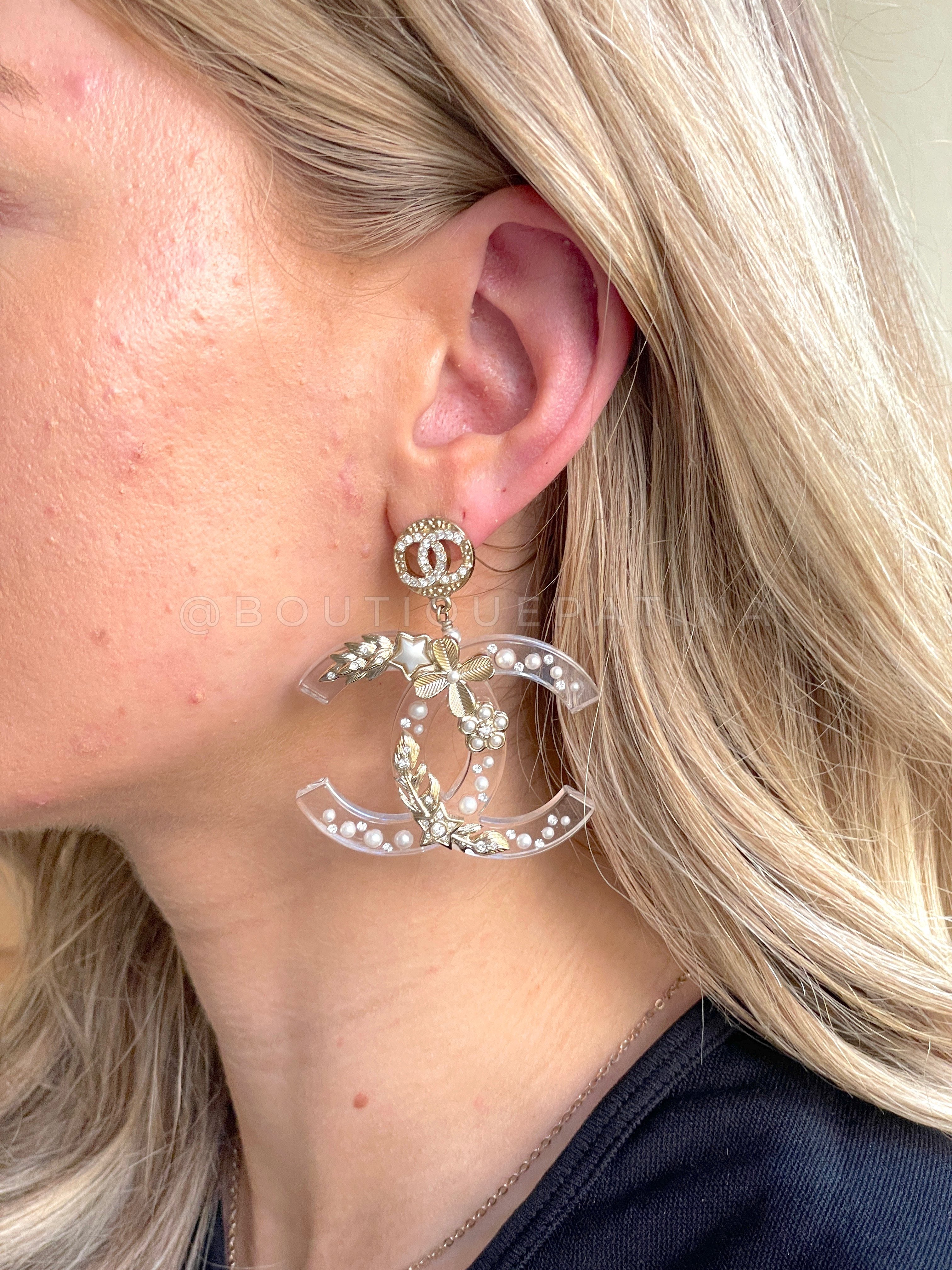 Chanel 19K Clear Acrylic Large CC Ornamental Drop Dangle Earrings W55