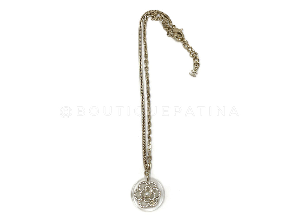 Chanel 18B Clear Resin Camellia Pendant Necklace