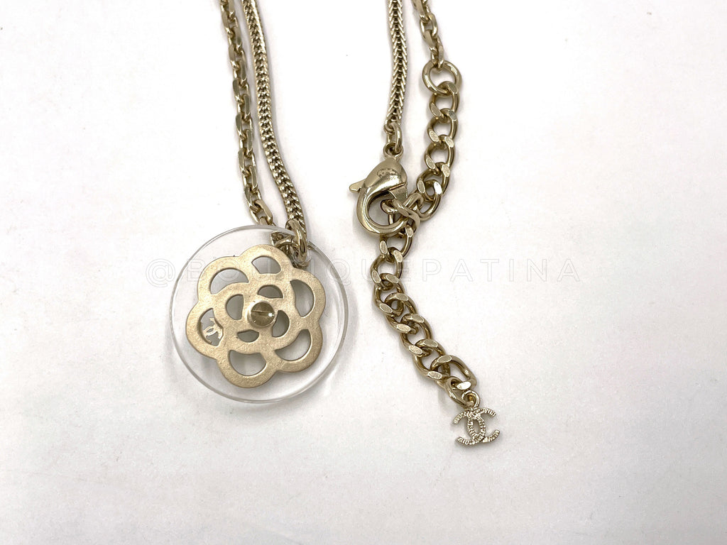 Chanel 18B Clear Resin Camellia Pendant Necklace