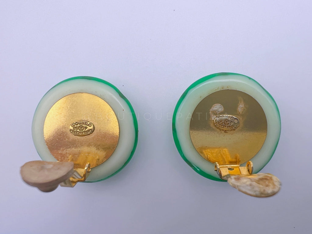 Rare Chanel 95P Green Painted Glass Large Crystal Studded CC Stud Earrings