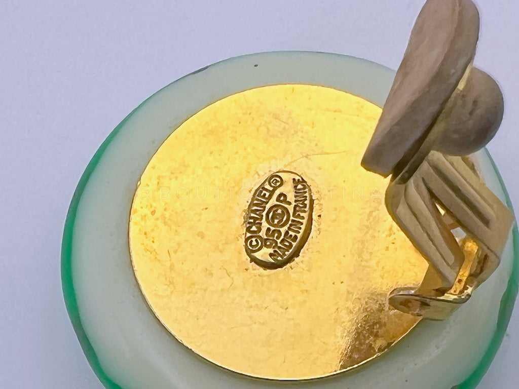 Rare Chanel 95P Green Painted Glass Large Crystal Studded CC Stud Earrings