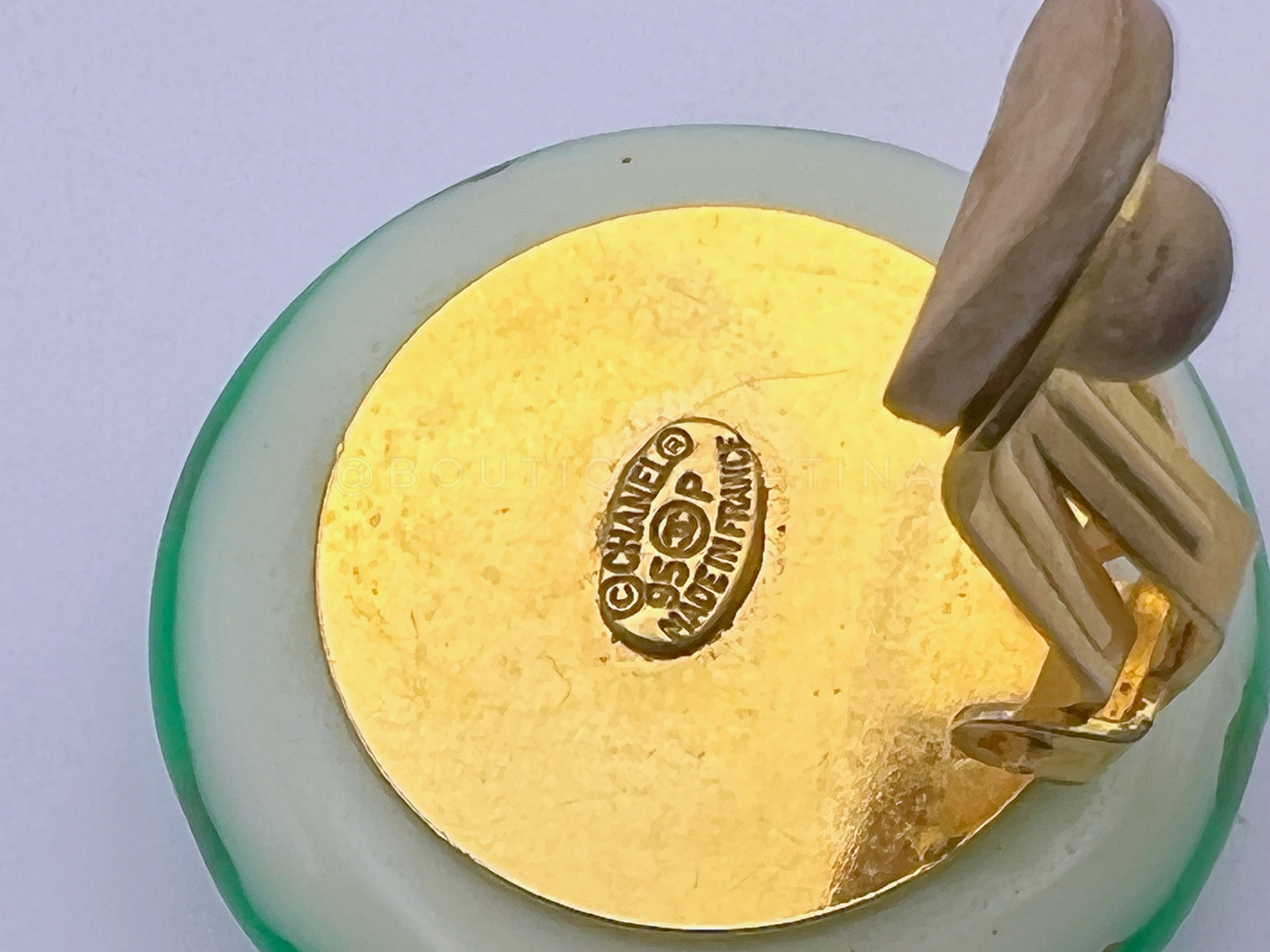 Rare Chanel 95P Green Painted Glass Large Crystal Studded CC Stud Earrings