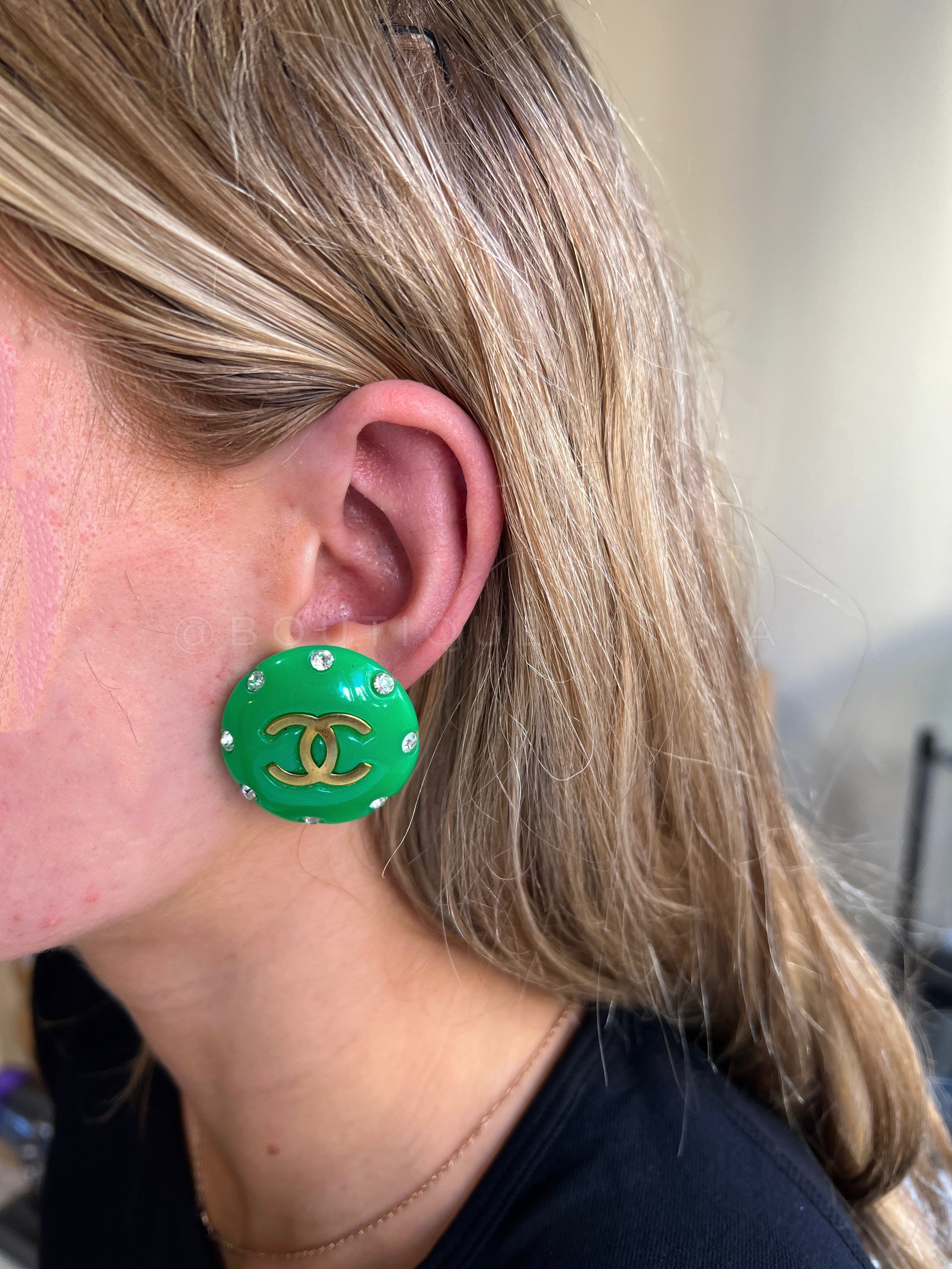 Rare Chanel 95P Green Painted Glass Large Crystal Studded CC Stud Earrings