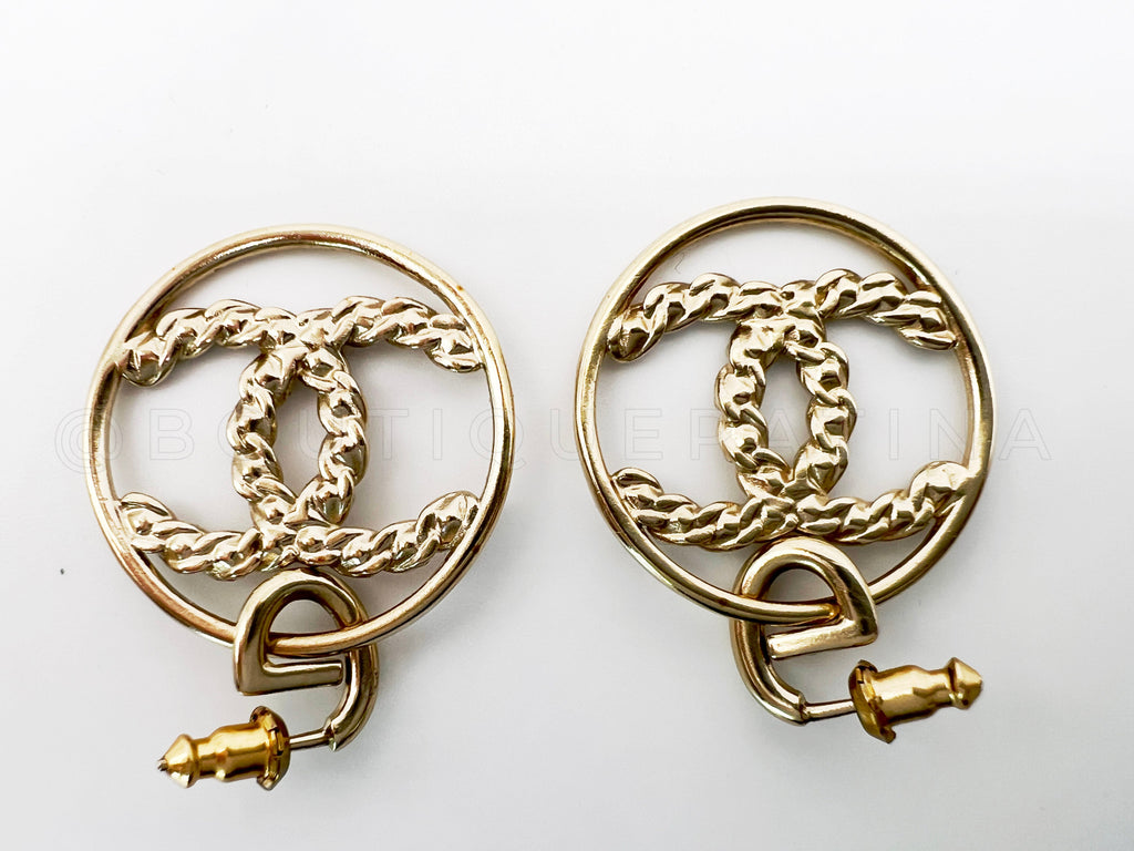Chanel 19P High Society Crystal CC Hoop Drop Earrings