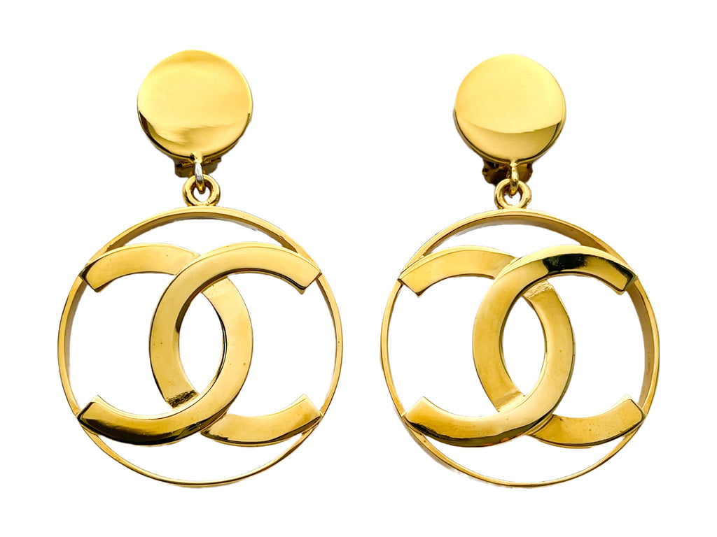 Chanel 80s Vintage Large Hoop Dangle CC Statement Earrings IRI